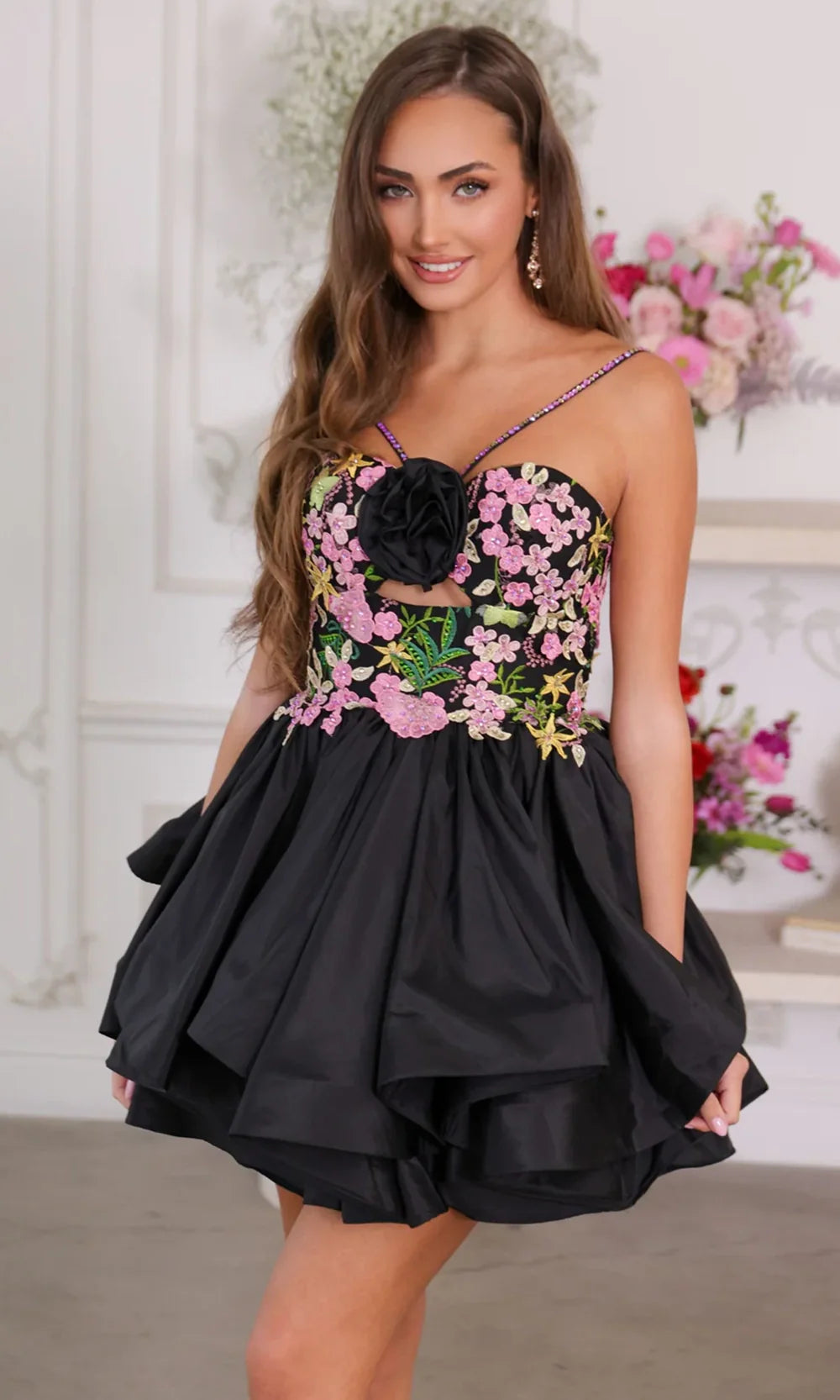 Ava Presley 26348 - Short Satin A-line Dress - Colorful Floral Embroidery, Beaded, 3D Rosette Accent, Thin Straps, Cutout, Layered Skirt ADASA Ava Presley 26348 - Short Satin A-line Dress - Colorful Floral Embroidery, Beaded, 3D Rosette Accent, Thin Straps, Cutout, Layered Skirt ADASA