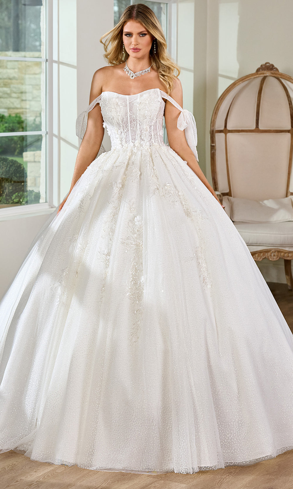 Rachel Allan Bridal RB6155 - Long Tulle, Glitter Tulle Ballgown Dress - Off Shoulder Tie Sleeves, Beaded Lace Bodice, 3D Floral Accent, Corset Boning, Rachel Allan Bridal RB6155 - Long Tulle, Glitter Tulle Ballgown Dress - Off Shoulder Tie Sleeves, Beaded Lace Bodice, 3D Floral Accent, Corset Boning,