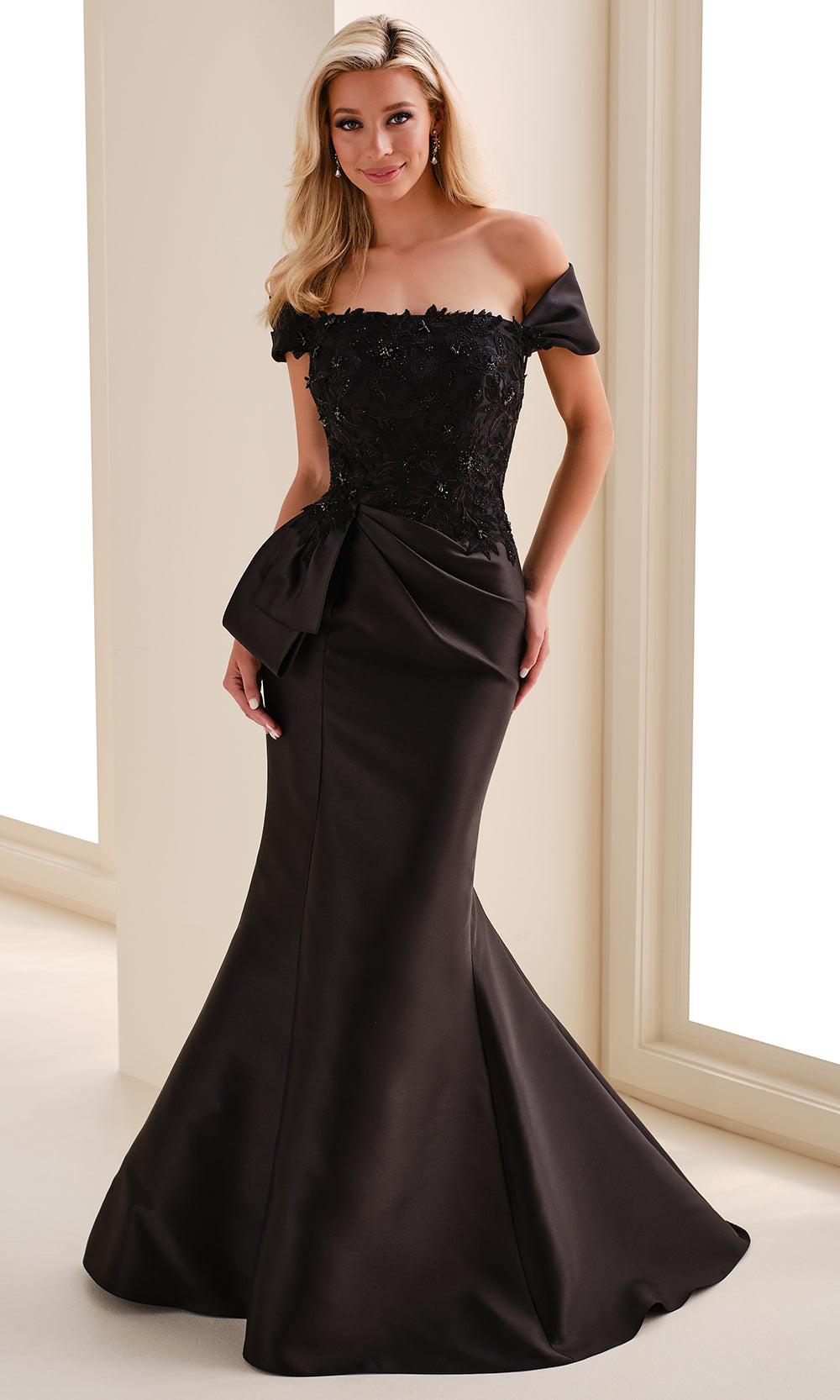 Cameron Blake CB829 - Long Mikado, Lace Applique, Beading & Stone Accents Mermaid Dress - Off Shoulder Sleeves, Floral Embroidery, Beading, Side Cameron Blake CB829 - Long Mikado, Lace Applique, Beading & Stone Accents Mermaid Dress - Off Shoulder Sleeves, Floral Embroidery, Beading, Side