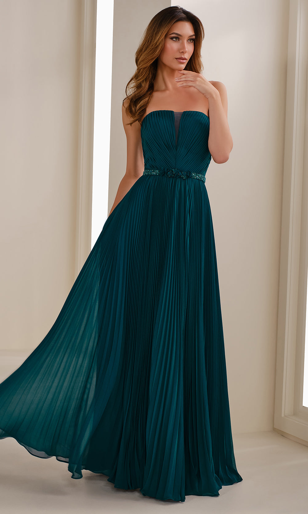 Cameron Blake CB903 - Long Chiffon A-line Dress - Illusion Inset, Strapless, Pleated Bodice, Beaded Waistband, Open Back, Matching Shawl, Separate Cameron Blake CB903 - Long Chiffon A-line Dress - Illusion Inset, Strapless, Pleated Bodice, Beaded Waistband, Open Back, Matching Shawl, Separate