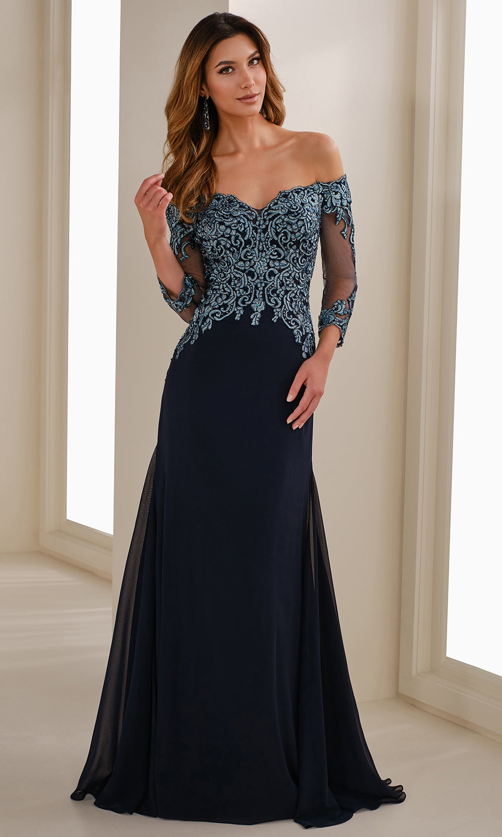 Cameron Blake CB907 Long Formal Lace Applique Evening Dress - Navy/Turquoise / 10 Cameron Blake CB907 Long Formal Lace Applique Evening Dress - Navy/Turquoise / 10