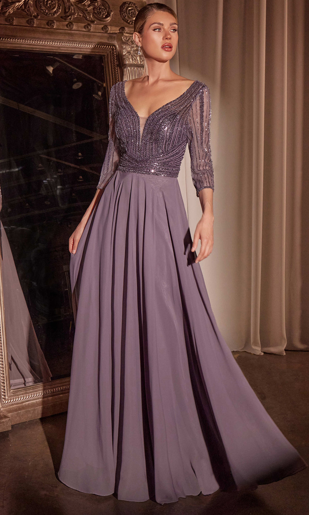 Ladivine CC446 - Plunging V-Neck A-Line Evening Dress