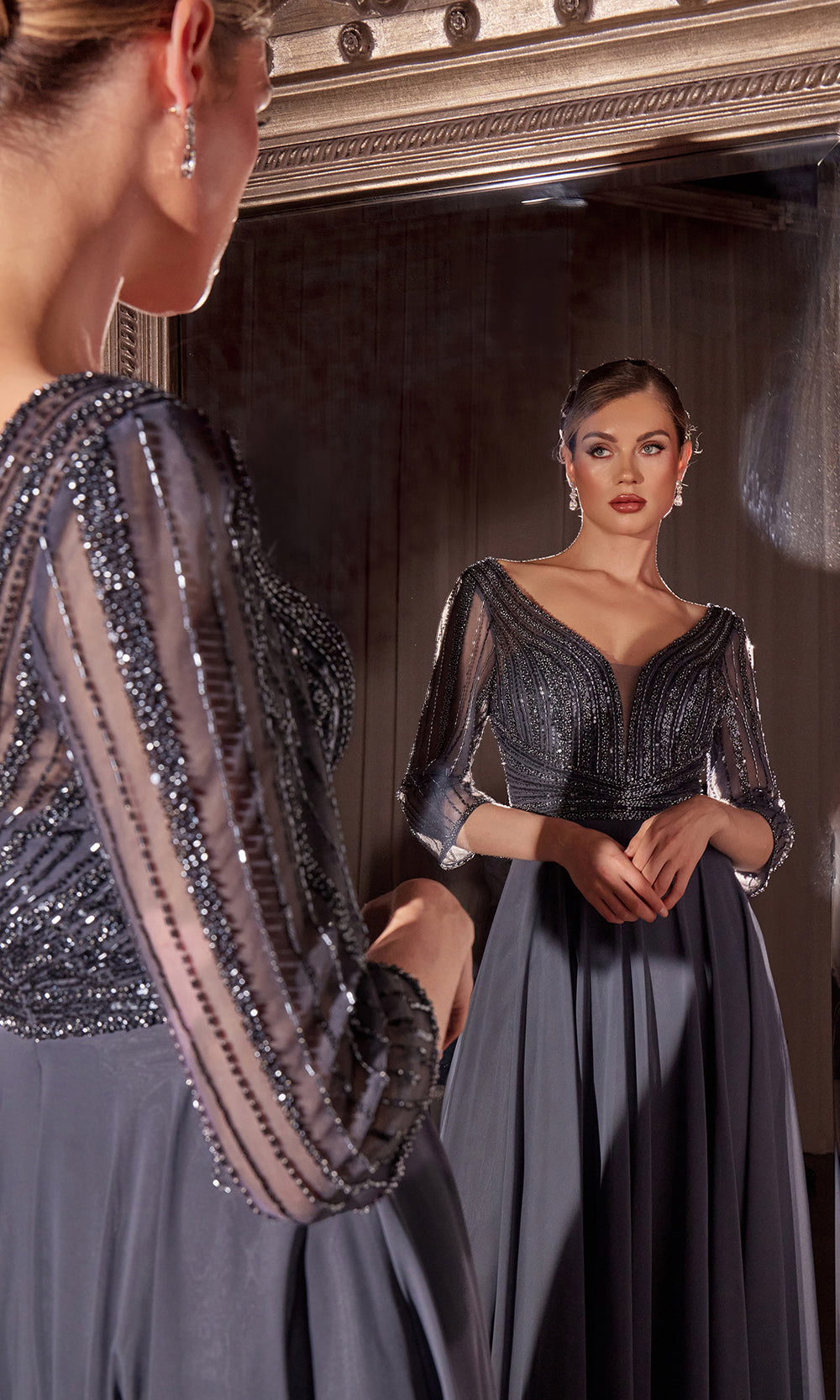 Ladivine CC446 - Plunging V-Neck A-Line Evening Dress