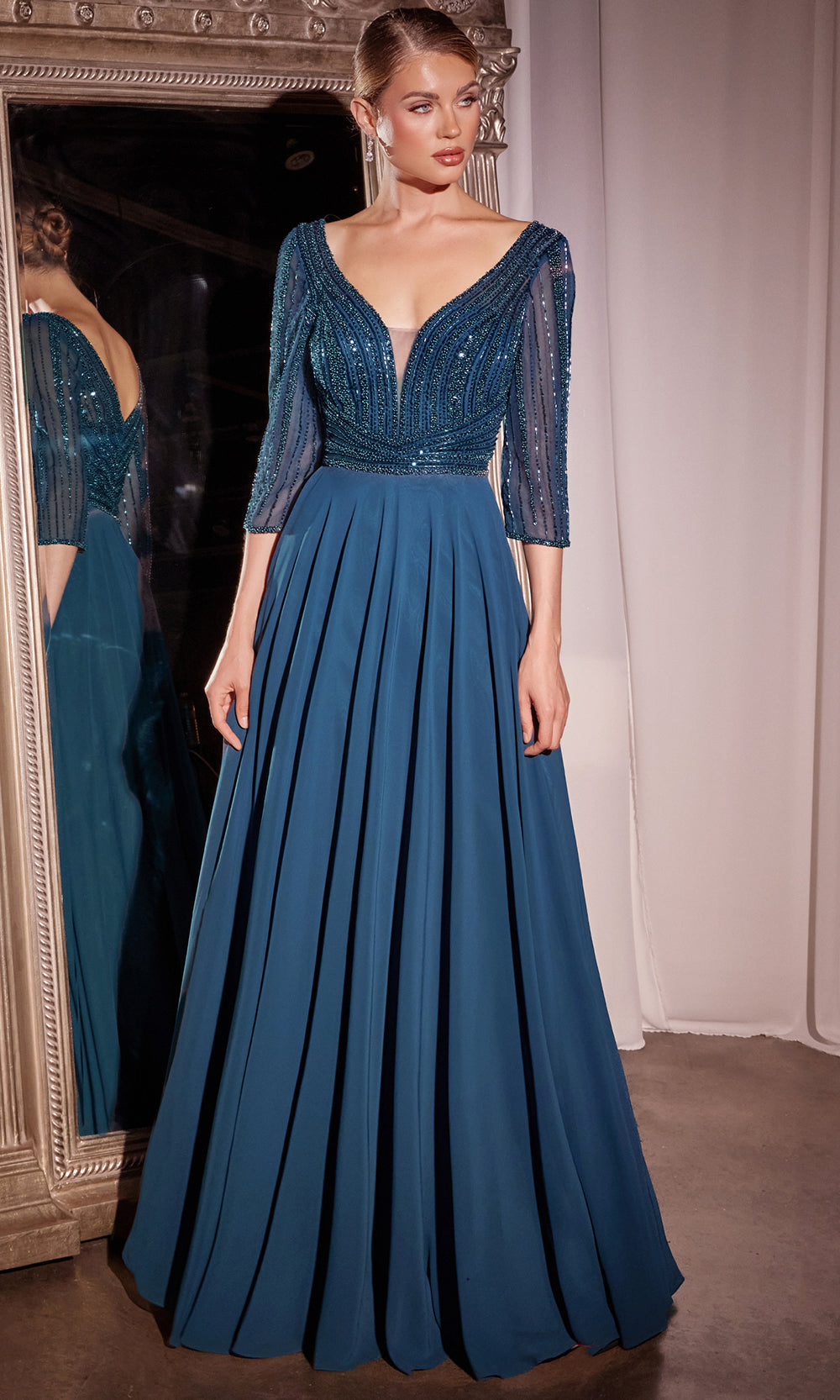 Ladivine CC446 - Plunging V-Neck A-Line Evening Dress