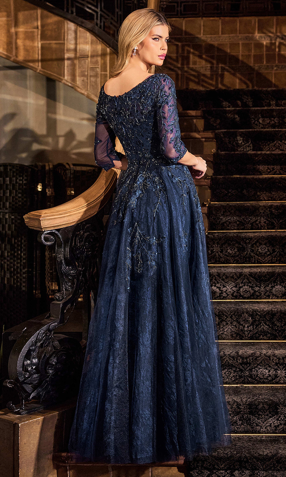Ladivine CK2401 - Quarter Sleeve A-Line Evening Gown