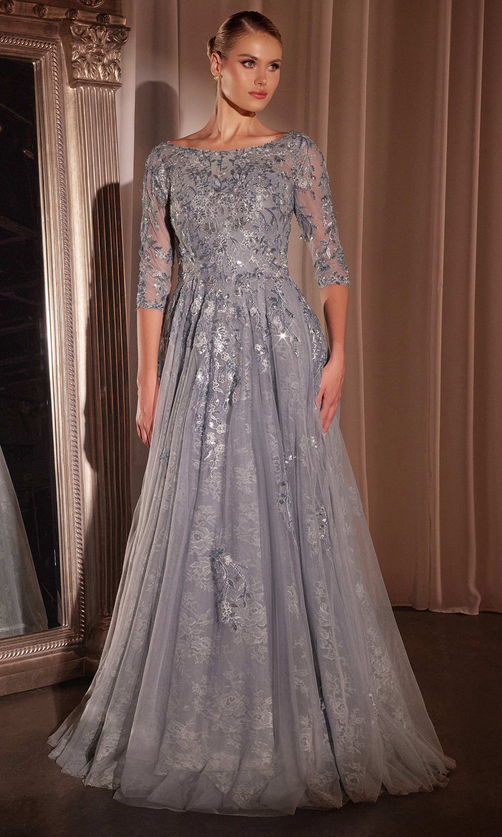 Ladivine CK2401 - Quarter Sleeve A-Line Evening Gown