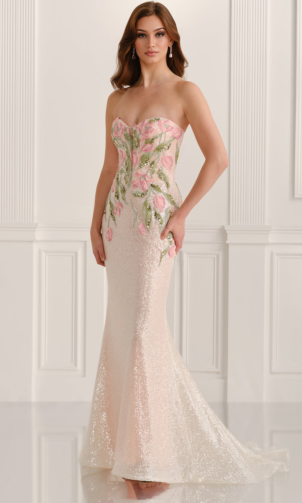 Colette by Daphne CL6101 - Long Stretch Sequin, Lace Applique, Beading Mermaid Dress - Strapless, Beading, Sequin, Floral Lace Applique, Sweep Train, Back Zipper Closure, Boned Bodice, Sweep Train ADASA Colette by Daphne CL6101 - Long Stretch Sequin, Lace Applique, Beading Mermaid Dress - Strapless, Beading, Sequin, Floral Lace Applique, Sweep Train, Back Zipper Closure, Boned Bodice, Sweep Train ADASA