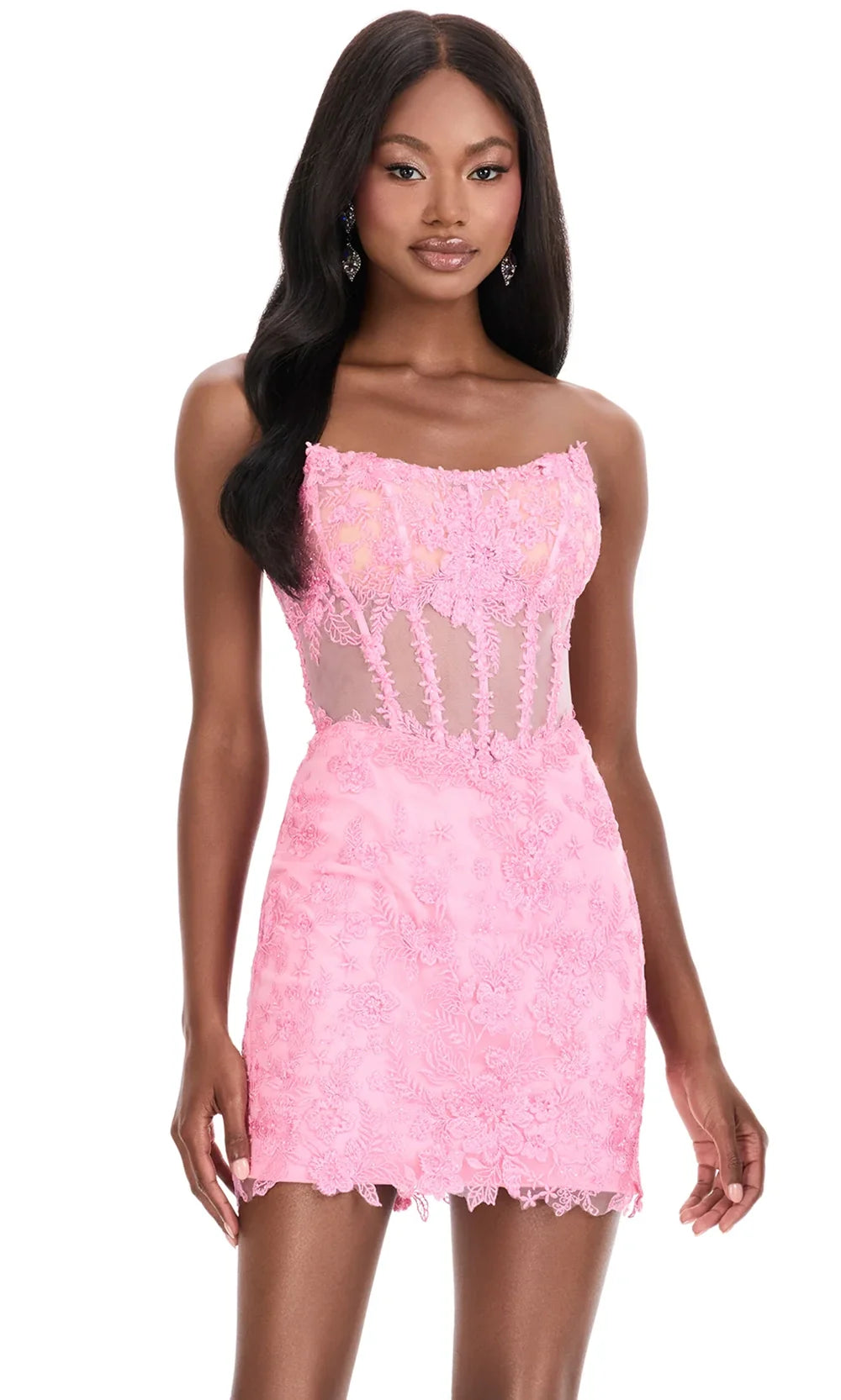 Ashley Lauren 4852 - Short Sheath Dress - Sheer Corset Bodice, Strapless, Floral Lace Appliques, Beaded, Scalloped Hem, Hidden Back Zipper 2 / Sky - Ashley Lauren 4852 - Short Sheath Dress - Sheer Corset Bodice, Strapless, Floral Lace Appliques, Beaded, Scalloped Hem, Hidden Back Zipper 2 / Sky -