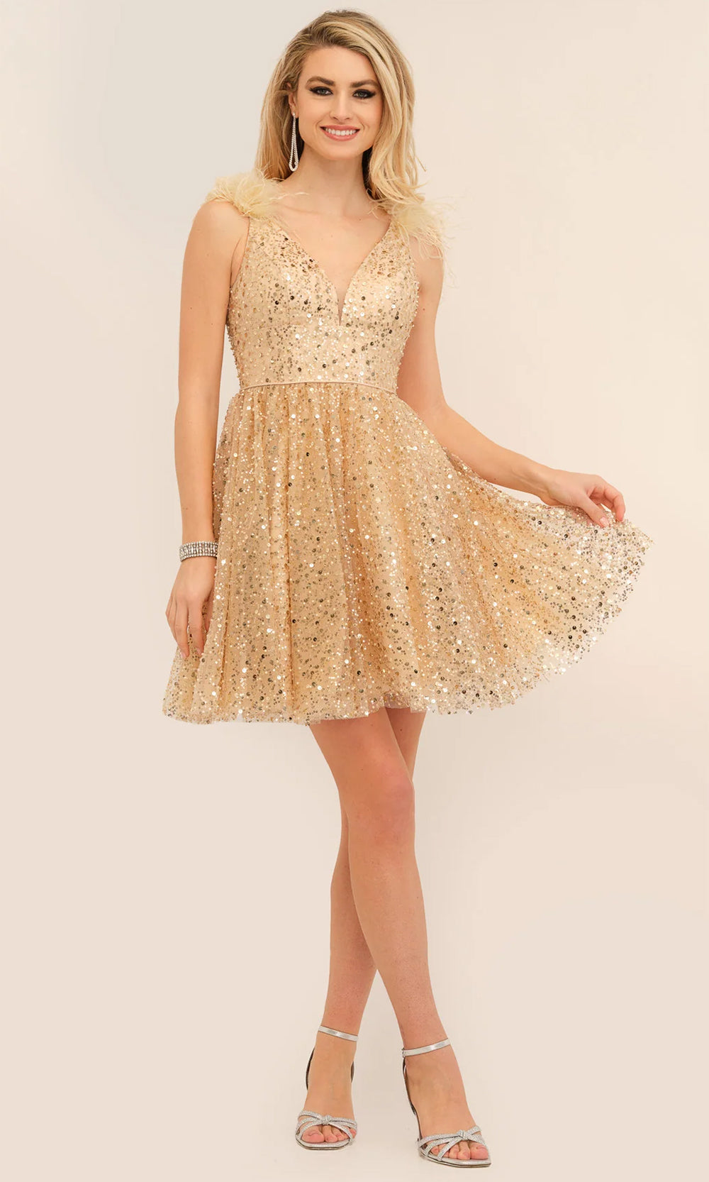 Dave & Johnny 11227 - Feathered Sleeve A-Line Cocktail Dress