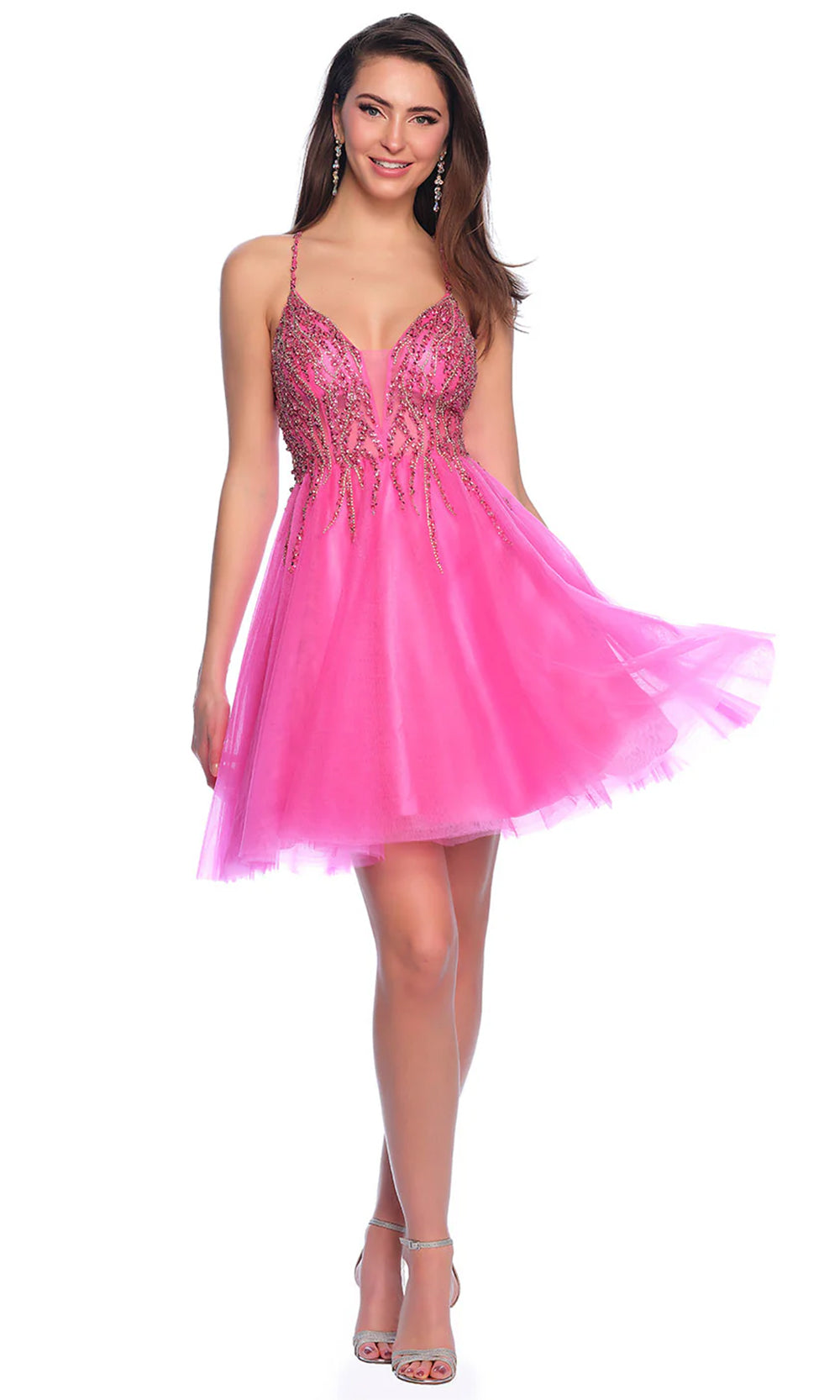 Dave & Johnny 11764 - Short Tulle A-Line Dress - Spaghetti Strap, Sleeveless, Beaded, Crisscross Midrise Back, Back Zipper, Fit And Flare ADASA Dave & Johnny 11764 - Short Tulle A-Line Dress - Spaghetti Strap, Sleeveless, Beaded, Crisscross Midrise Back, Back Zipper, Fit And Flare ADASA
