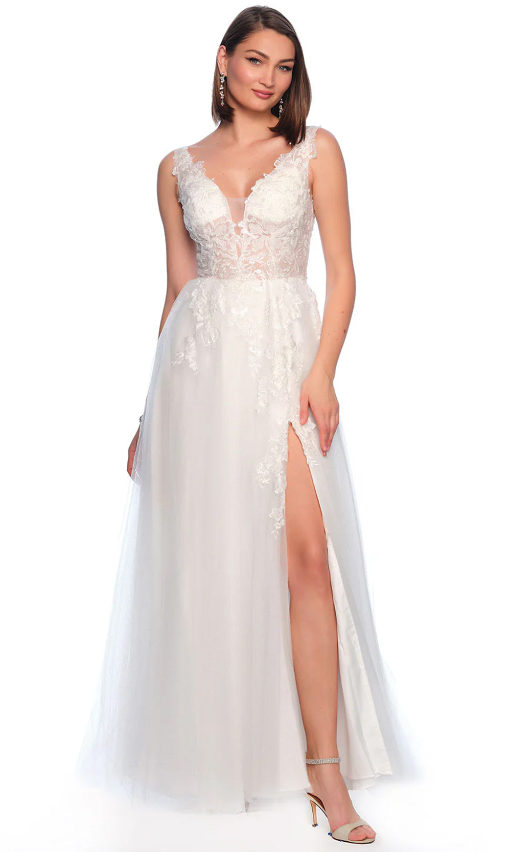 Dave & Johnny Bridal 11150 - High Slit A-Line Bridal Gown Wedding Dresses 0 / Ivory