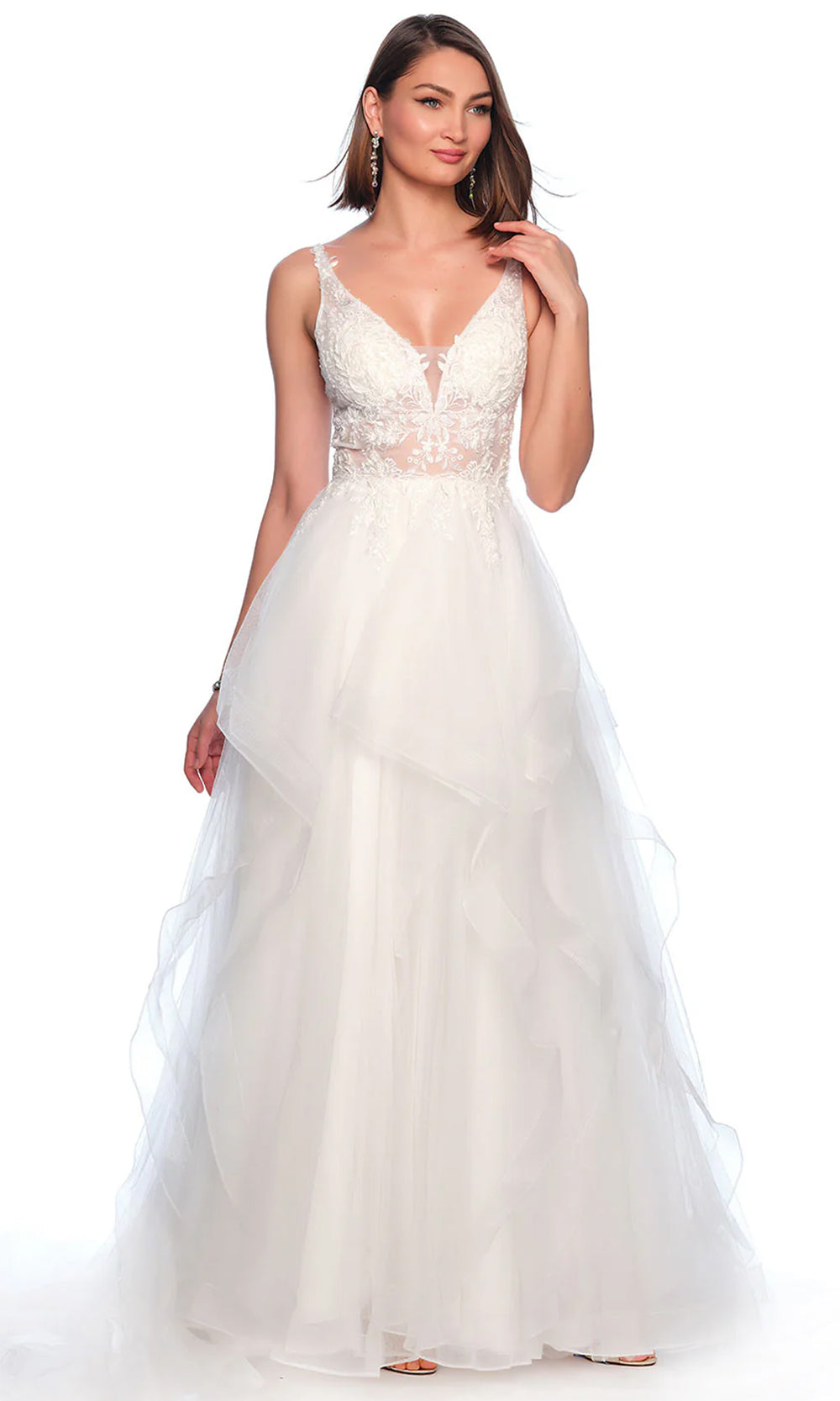 Dave & Johnny Bridal 11563 - Long Tulle A-Line Dress - Sleeveless, Beaded, Embroidered Details, Sheer Bodice, Mid-Open Back, Layered Ruffle Skirt, Court Train ADASA Dave & Johnny Bridal 11563 - Long Tulle A-Line Dress - Sleeveless, Beaded, Embroidered Details, Sheer Bodice, Mid-Open Back, Layered Ruffle Skirt, Court Train ADASA