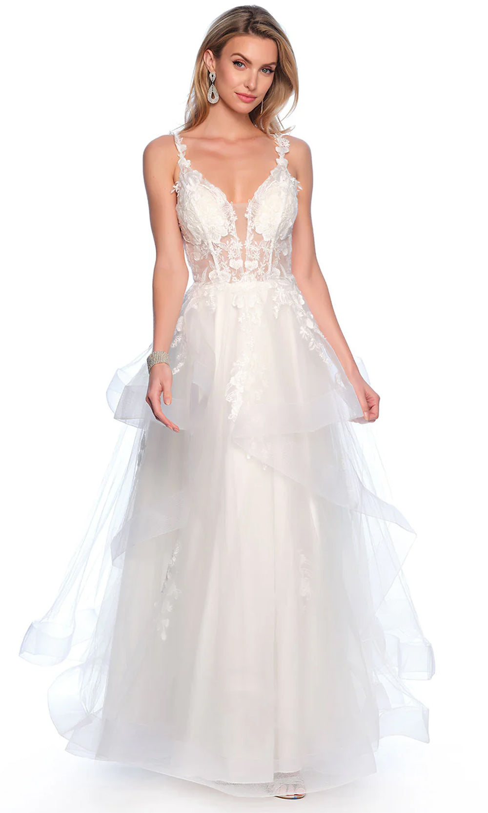Dave & Johnny Bridal 11986 - Long Tulle A-Line Dress - Ornate Spaghetti Straps, Embroidered Details, Sheer Corset Bodice, Sheer Lace Up Back, Layers Skirt With Tiered Hem, Sweep Train ADASA Dave & Johnny Bridal 11986 - Long Tulle A-Line Dress - Ornate Spaghetti Straps, Embroidered Details, Sheer Corset Bodice, Sheer Lace Up Back, Layers Skirt With Tiered Hem, Sweep Train ADASA