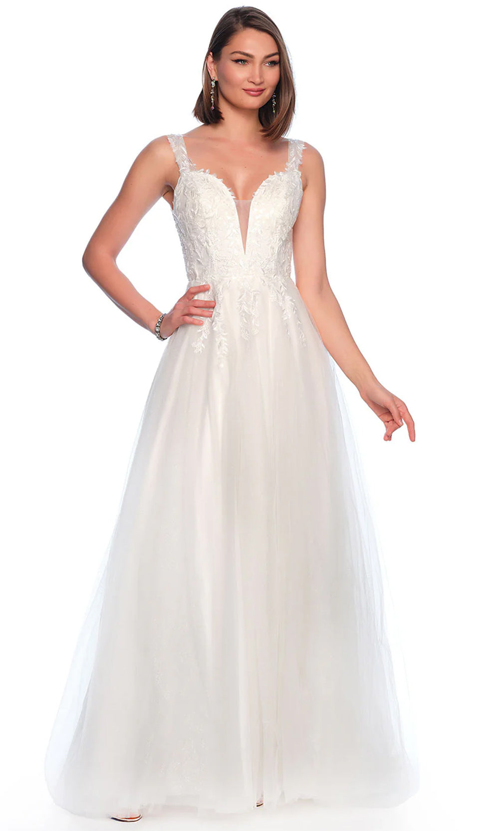 Dave & Johnny Bridal 11990 - Embroidered Plunge Bridal Gown Wedding Dresses 0 / Ivory