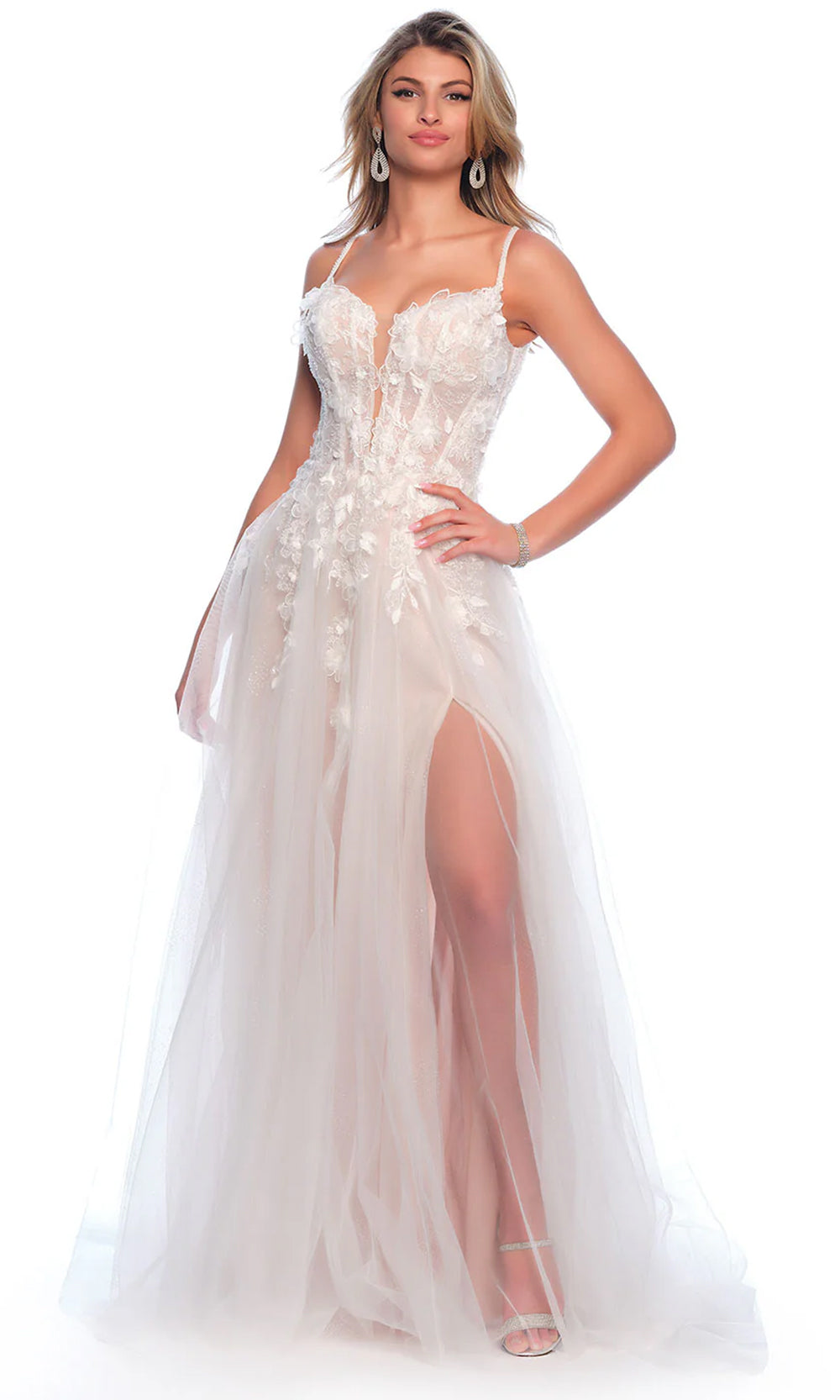 Dave & Johnny Bridal 12113 - Plunging Applique Bridal Gown Bridal Dresses 0 / Ivory