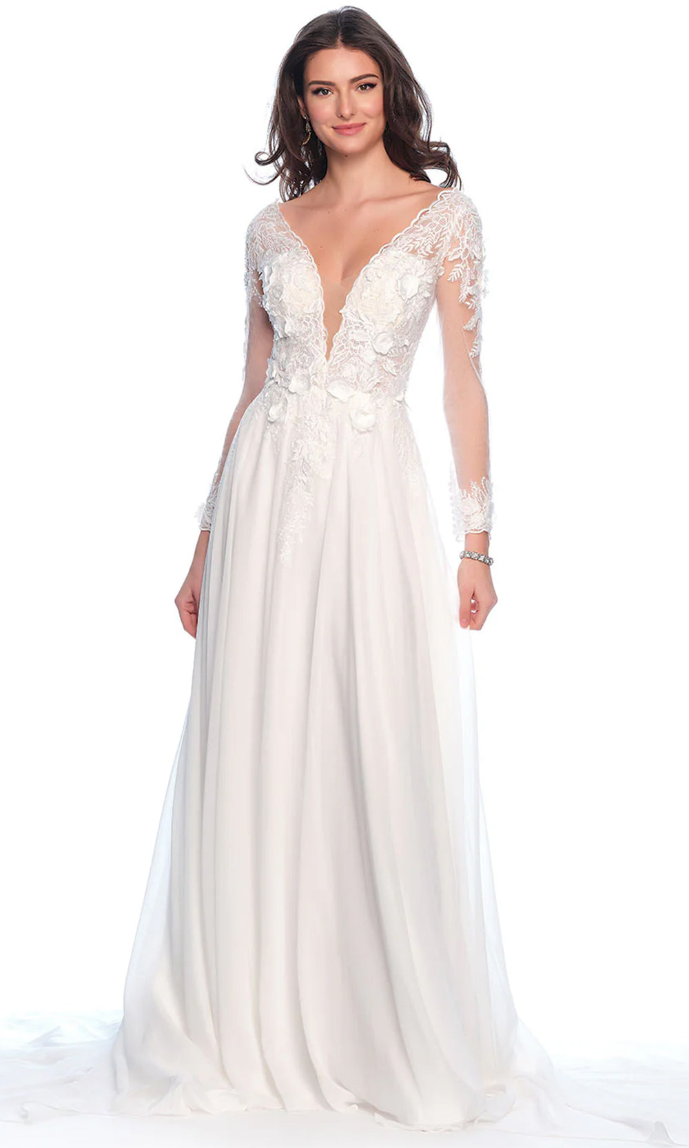 Dave & Johnny Bridal 12115 - Long Chiffon A-Line Dress - Sheer Long Sleeves, Lace Appliques, Illusion Inset, Scallop Details, Plunging Scoop Back, Dave & Johnny Bridal 12115 - Long Chiffon A-Line Dress - Sheer Long Sleeves, Lace Appliques, Illusion Inset, Scallop Details, Plunging Scoop Back,