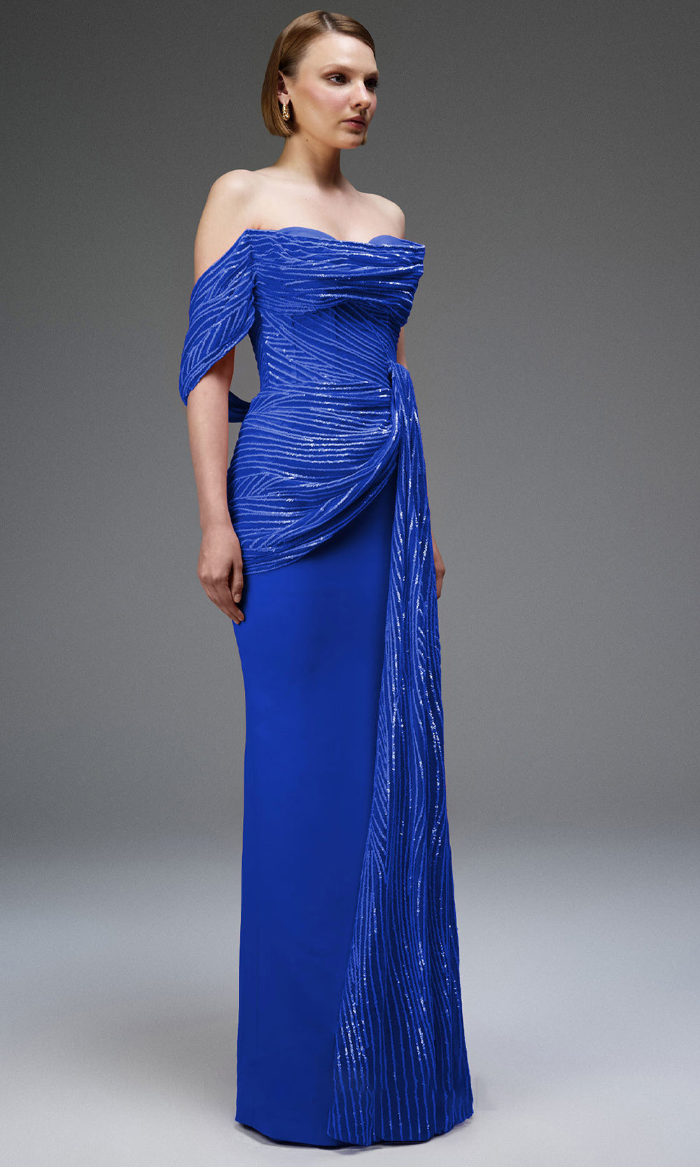 off the shoulder rayon dress MNM Couture N0660 Rayon Crepe Off-shoulder Long Sleeve Gown