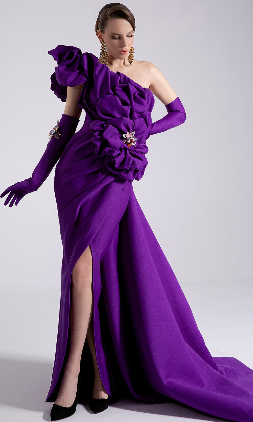 MNM Couture F02904 - Ruched One Shoulder Gown with Gloves Mother of the Bride Dresses