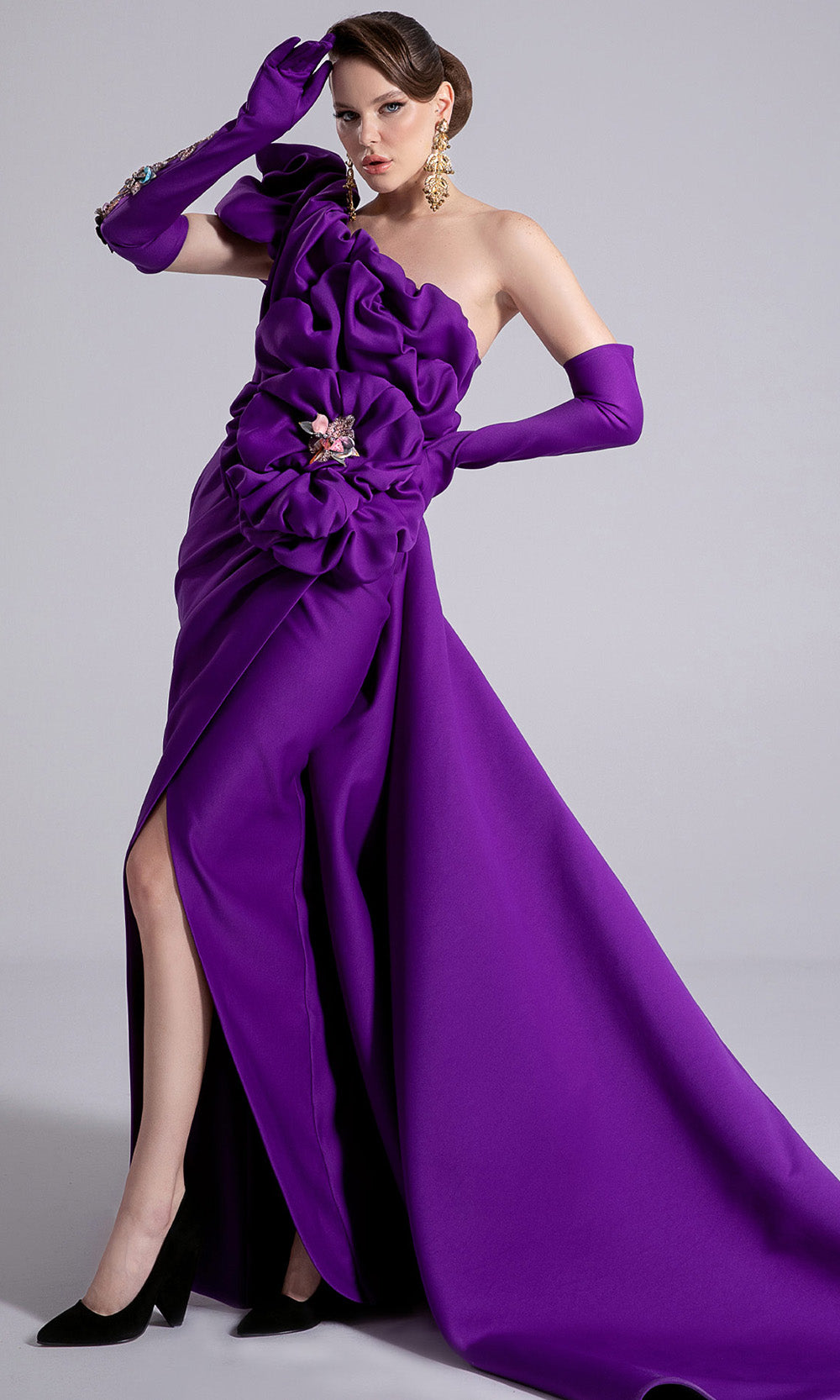 MNM Couture F02904 - Ruched One Shoulder Gown with Gloves Mother of the Bride Dresses