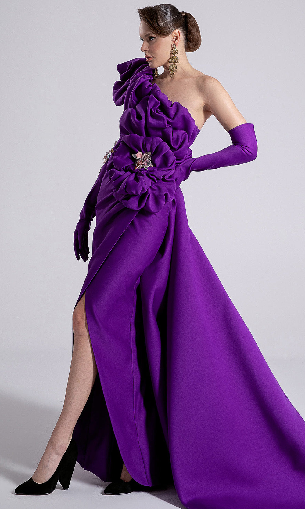 MNM Couture F02904 - Ruched One Shoulder Gown with Gloves Mother of the Bride Dresses