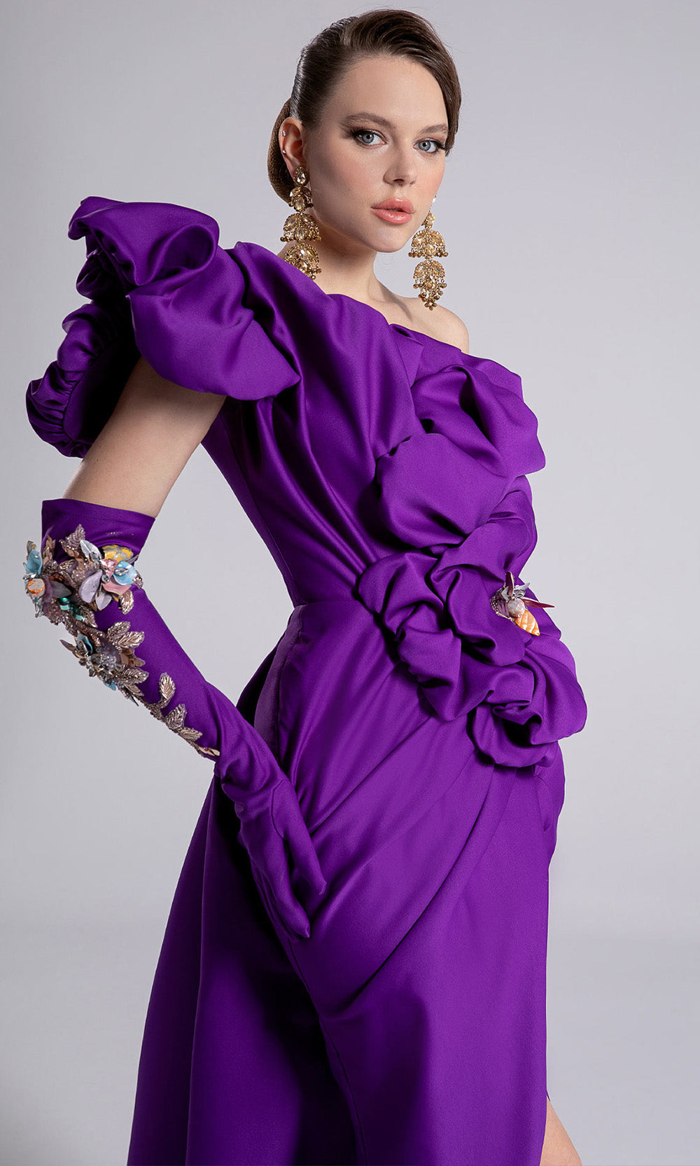 MNM Couture F02904 - Ruched One Shoulder Gown with Gloves Mother of the Bride Dresses