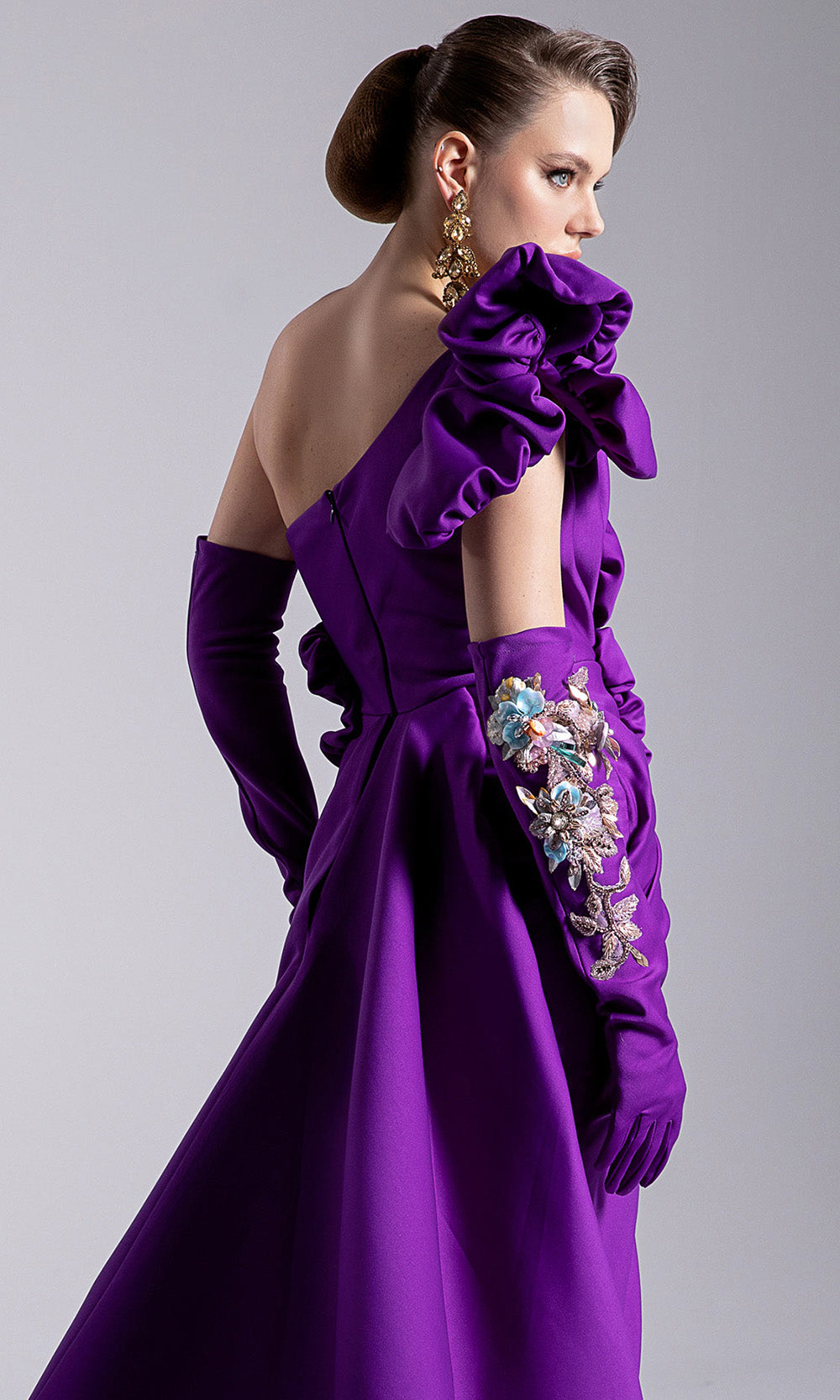 MNM Couture F02904 - Ruched One Shoulder Gown with Gloves Mother of the Bride Dresses