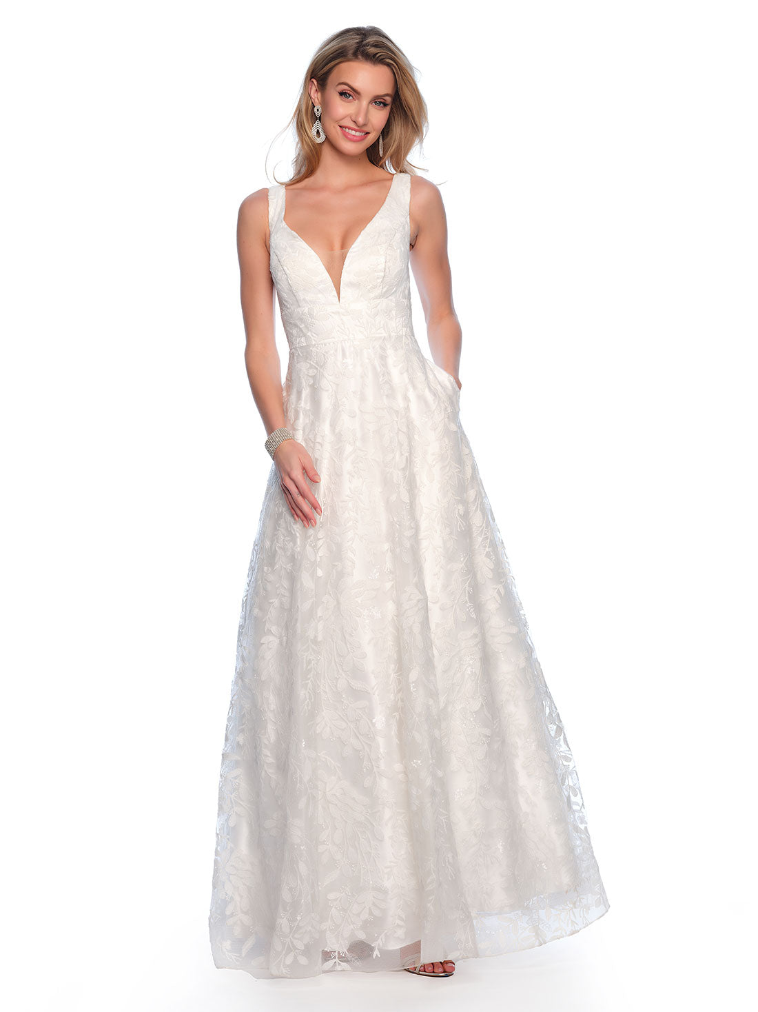 Dave & Johnny Bridal 10591W - V-Neck Lace Detail Bridal Gown Bridal Dresses 14W / Dave & Johnny Bridal 10591W - Sleeveless Empire Bridal Gown In White