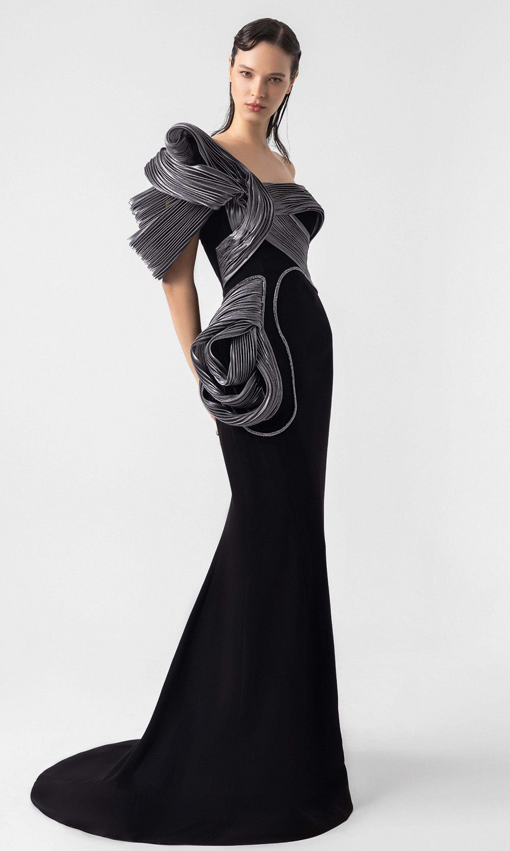 MNM Couture G1913 - Asymmetric Mermaid Gown with Sculpted Pleats Evening Dresses