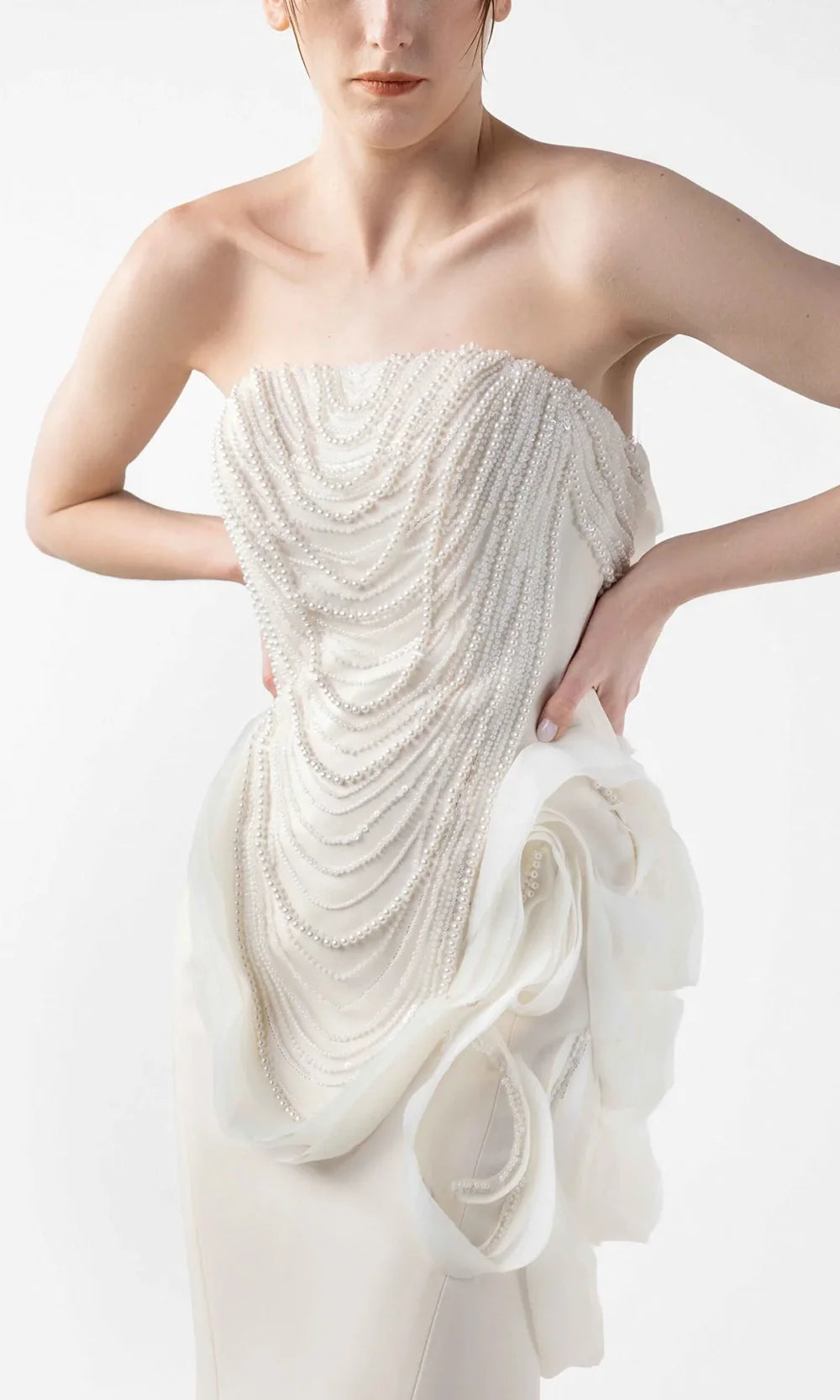 MNM Couture G2015 - Pearl Beaded Strapless Gown with Ruffle Accent Formal Gowns