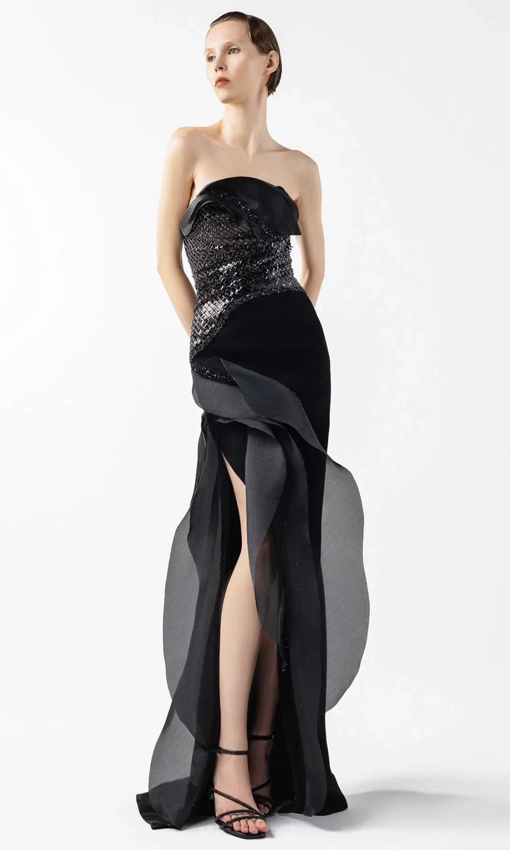 MNM Couture G2021 - Long Crepe, Organza Sheath Dress - Strapless Bodice, Shimmering Lace, Organza Panels, High Slit, Fitted ADASA MNM Couture G2021 - Long Crepe, Organza Sheath Dress - Strapless Bodice, Shimmering Lace, Organza Panels, High Slit, Fitted ADASA