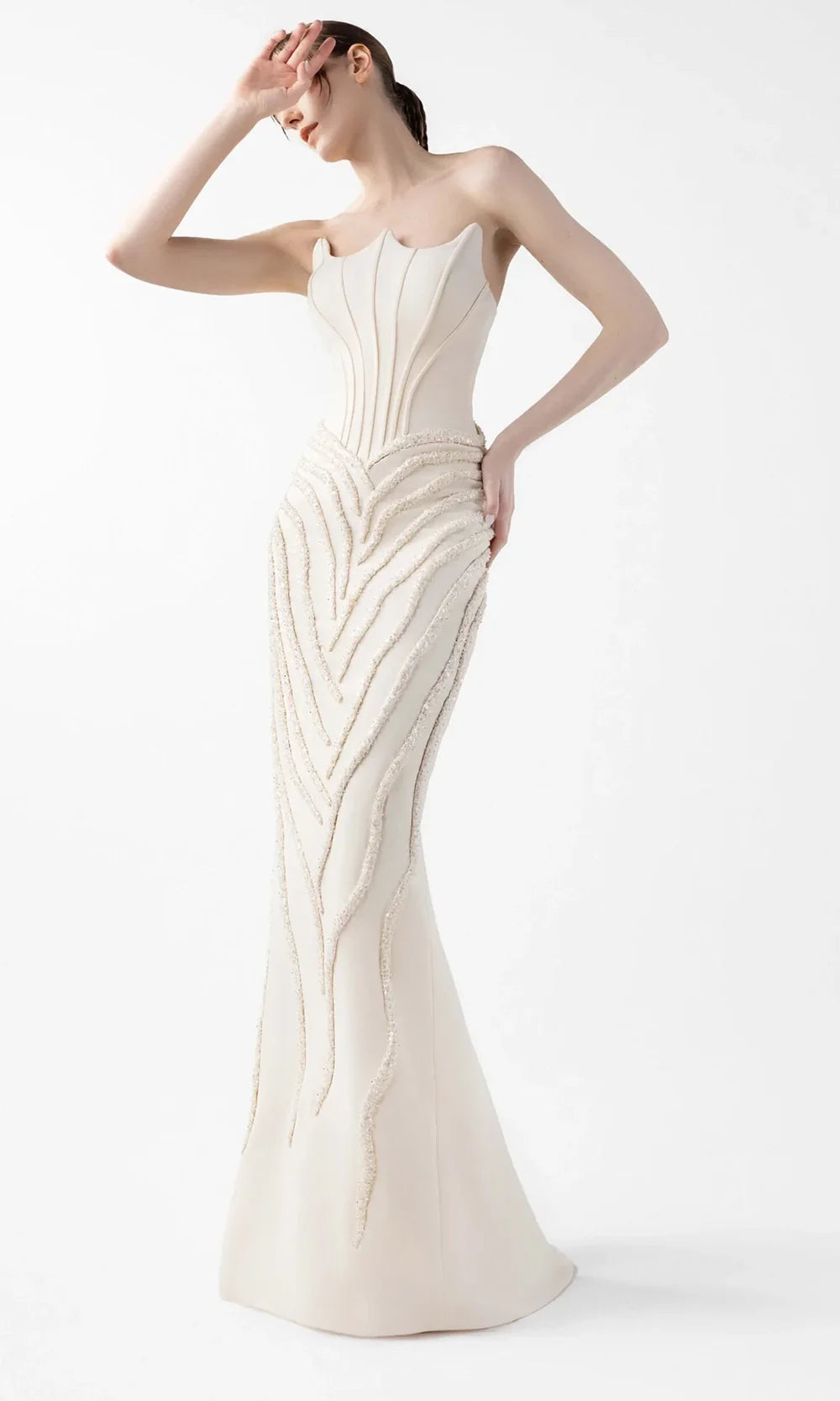 MNM Couture G2032 - Corset Bodice Long Gown with Bead Detail Formal Gowns