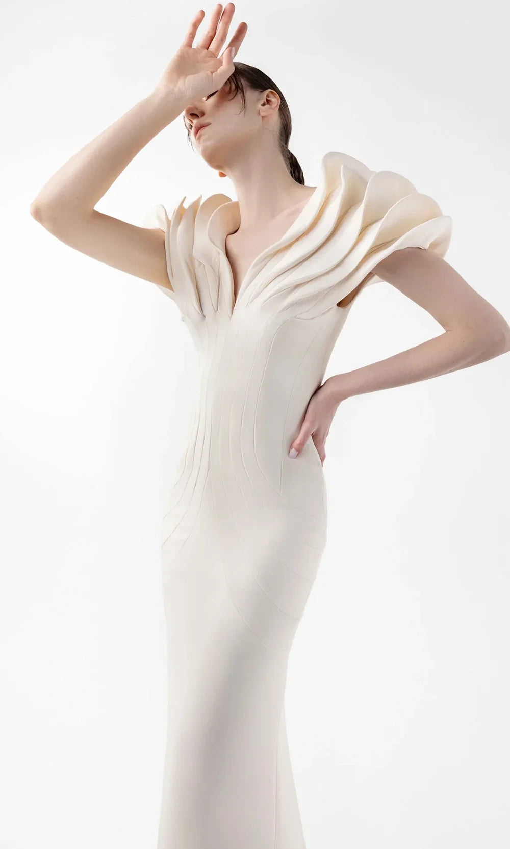 MNM Couture G2039 - V-Neckline Architectural Sleeve Gown Pageant Dresses