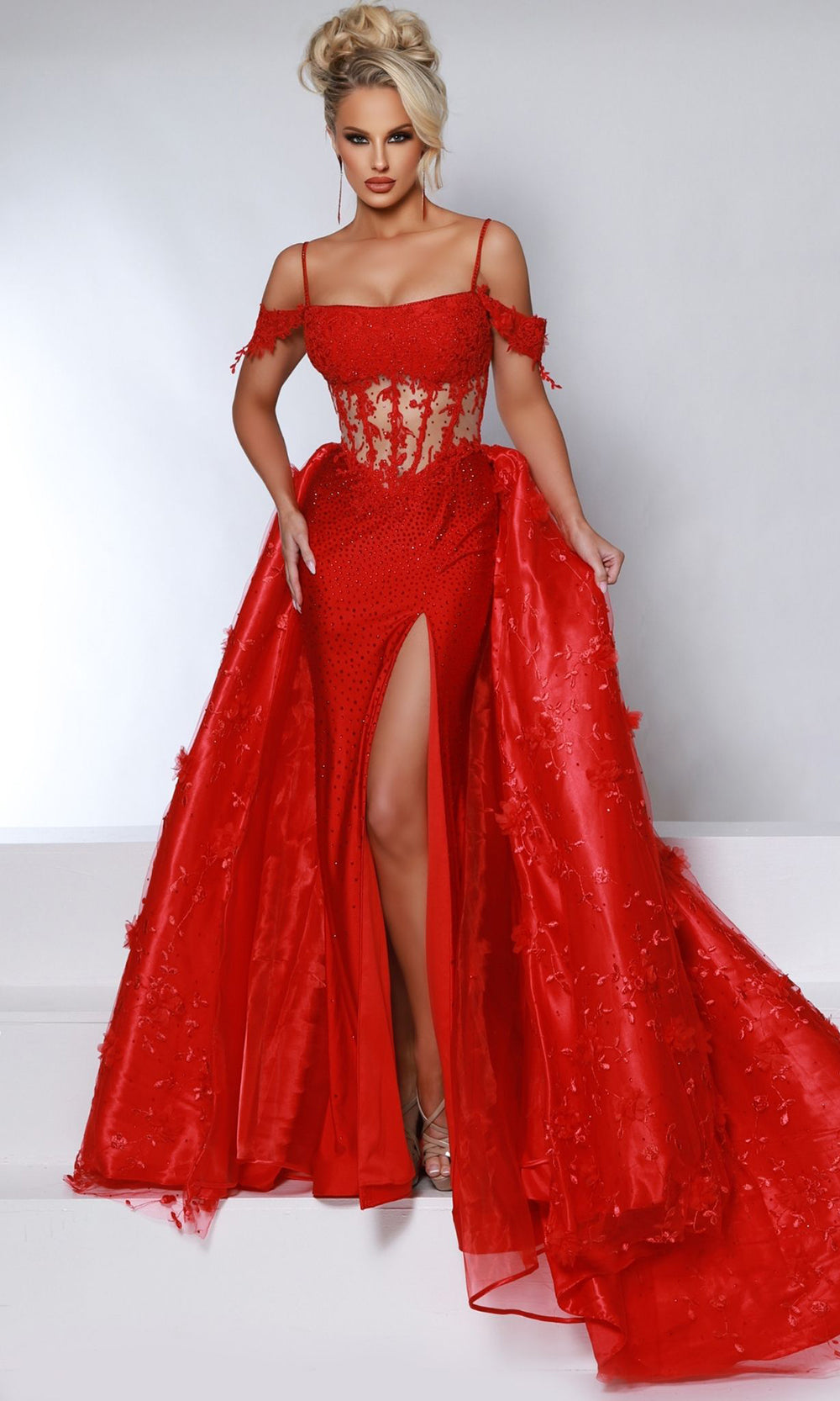 Johnathan Kayne 2965 - Long Mesh, 4 Way Stretch Lycra, 3D Embroidered Mesh, Satin Lining Sheath/A-Line Dress - Spaghetti Strap, Cap Sleeve, 3D Floral, Embroidery, Beaded, Illusion Midriff, V-Back, High Slit, Overskirt, Johnathan Kayne 2965 - Long Mesh, 4 Way Stretch Lycra, 3D Embroidered Mesh, Satin Lining Sheath/A-Line Dress - Spaghetti Strap, Cap Sleeve, 3D Floral, Embroidery, Beaded, Illusion Midriff, V-Back, High Slit, Overskirt,