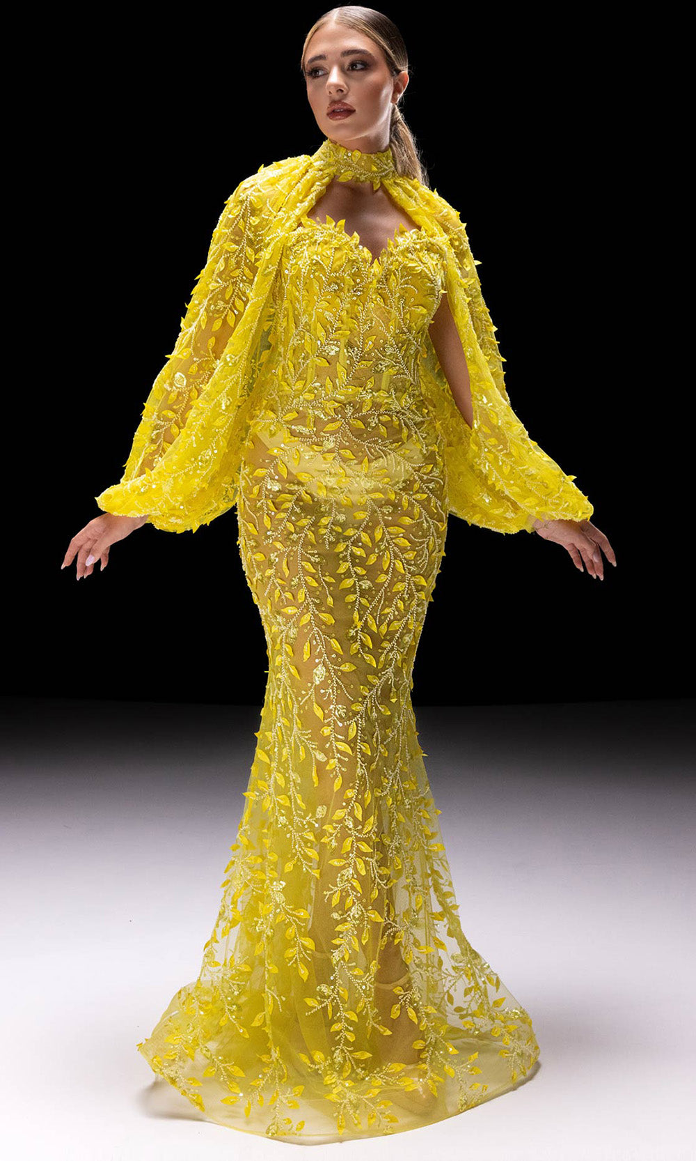 see thru yellow dress MNM Couture K4231 - Long Mesh Mermaid Dress