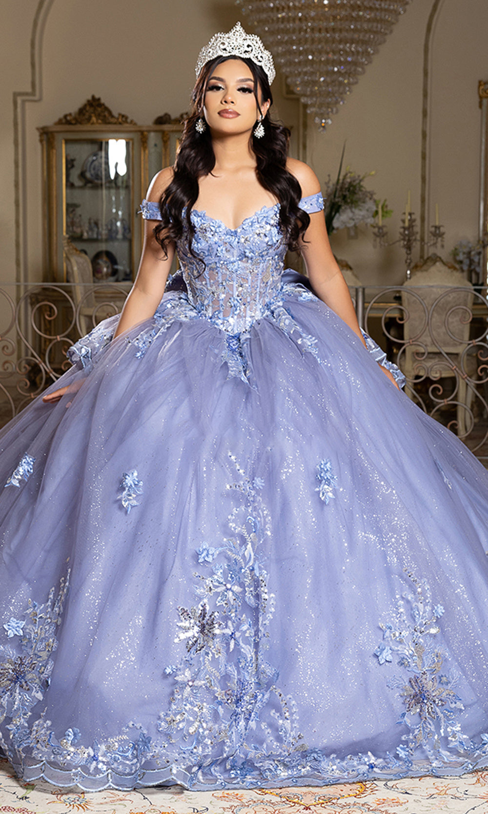 May Queen LK286 - Long Ballgown Dress - Sheer Corset Bodice, 3D Floral Appliques, Beaded, Embroidery, Off Shoulder Sleeves, Oversized Back Bow, May Queen LK286 - Long Ballgown Dress - Sheer Corset Bodice, 3D Floral Appliques, Beaded, Embroidery, Off Shoulder Sleeves, Oversized Back Bow,
