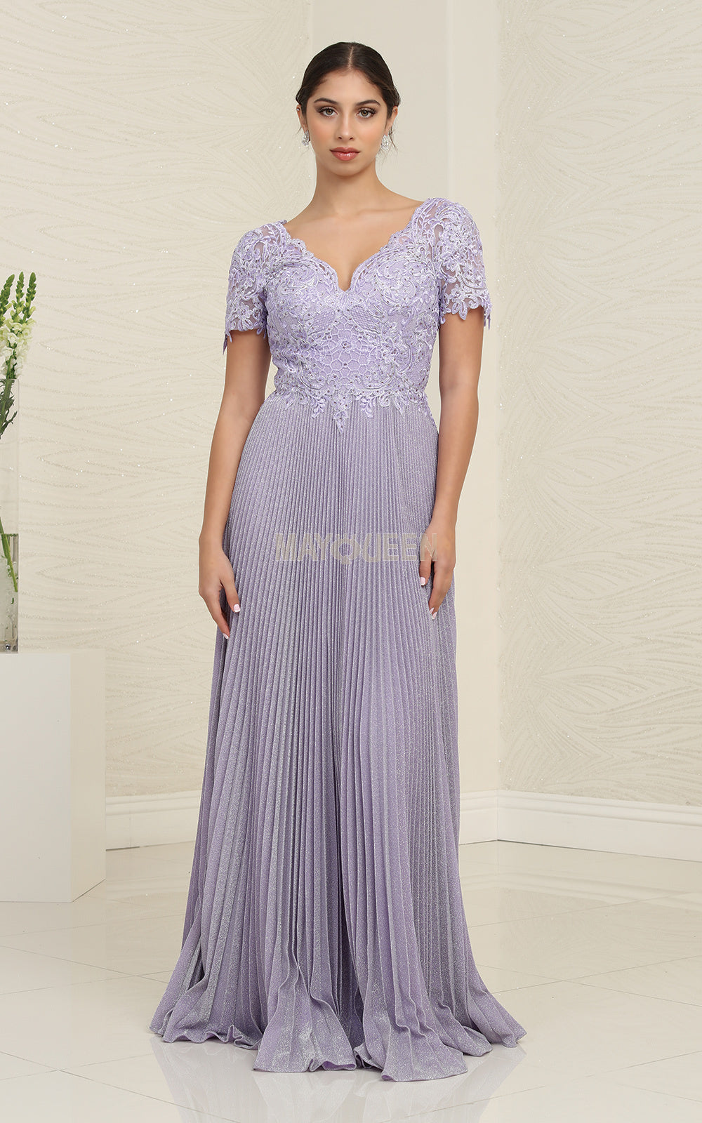 May Queen MQ1902 - Short Sleeve V Neck A Line Gown
