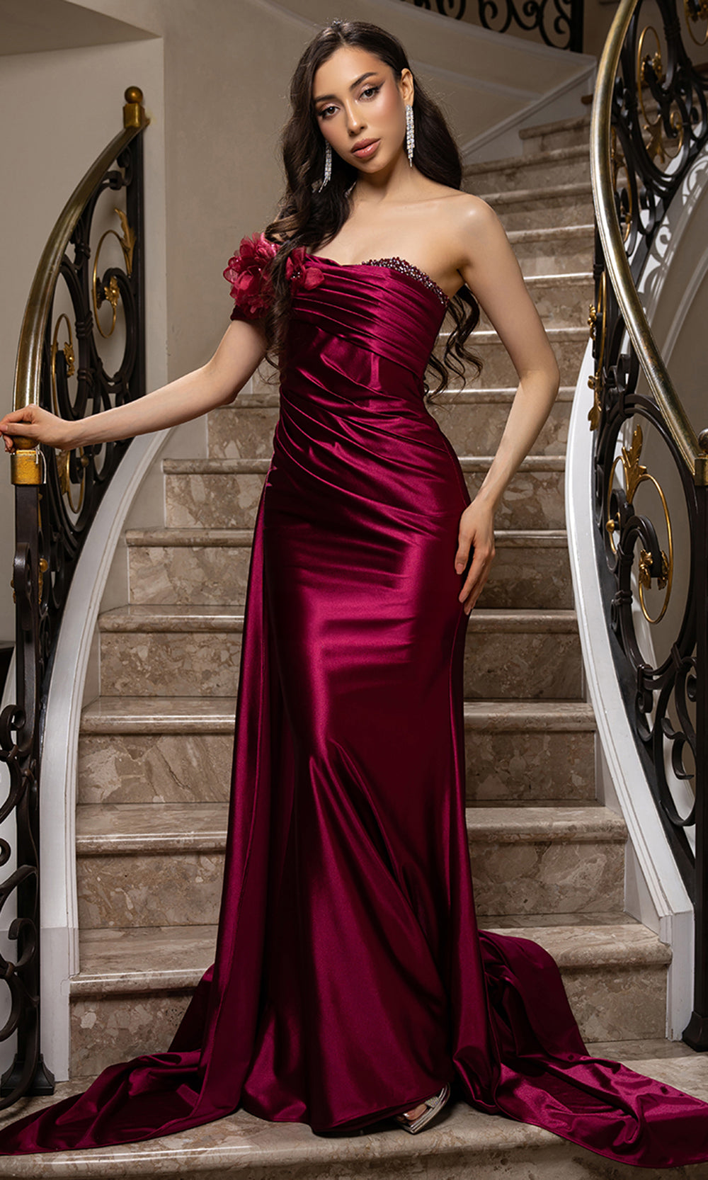 Sweetheart Floor-Length with Train Satin Prom Sheath Column May Queen MQ2175 - Burgundy / 12 Sweetheart Floor-Length with Train Satin Prom Sheath Column May Queen MQ2175 - Burgundy / 12