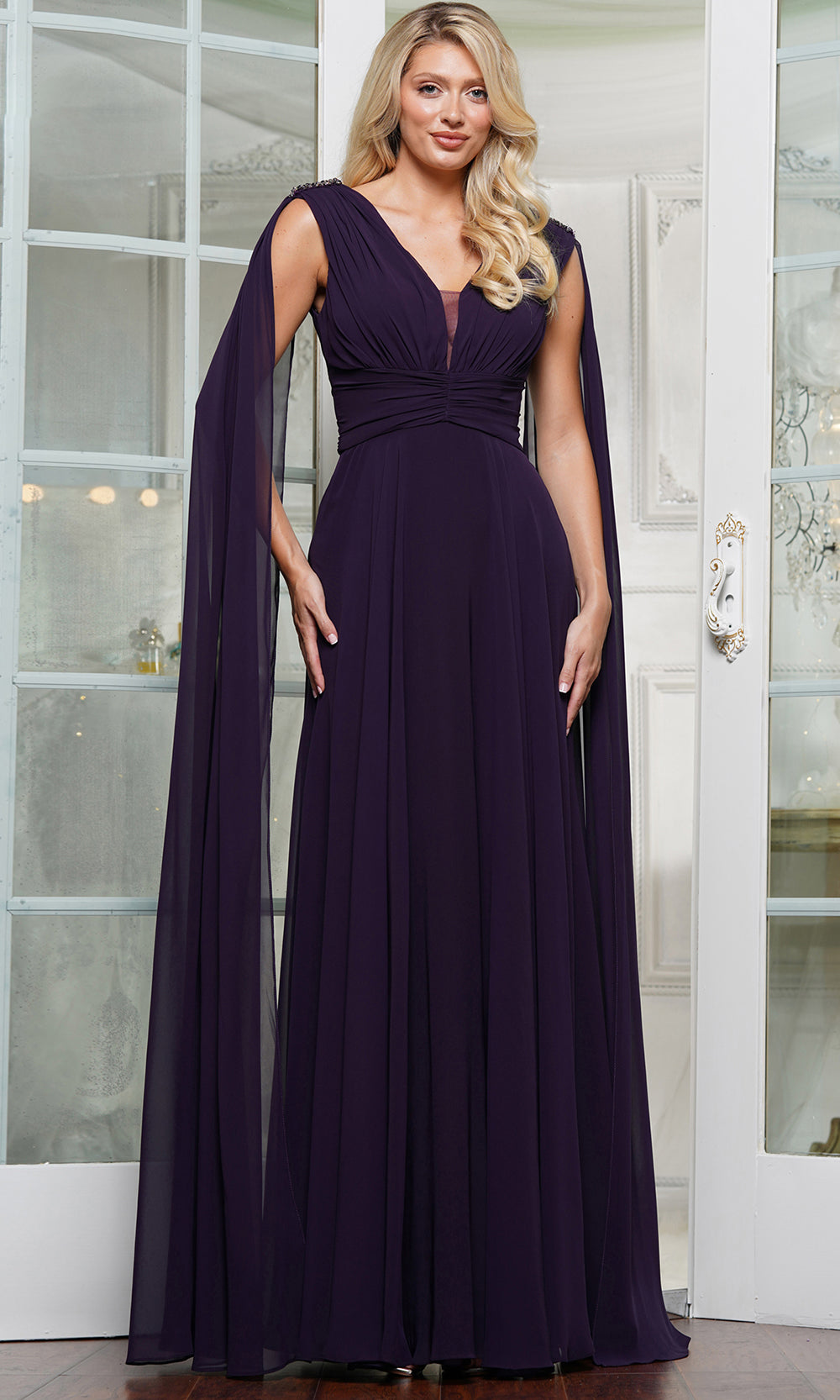 Marsoni by Colors MV1349 - Long Chiffon A-Line Dress - Long Cape Sleeve, Ruched Top, Wide Waistband, Beaded Accent, V-Shaped Back, Floor Length ADASA Marsoni by Colors MV1349 - Long Chiffon A-Line Dress - Long Cape Sleeve, Ruched Top, Wide Waistband, Beaded Accent, V-Shaped Back, Floor Length ADASA