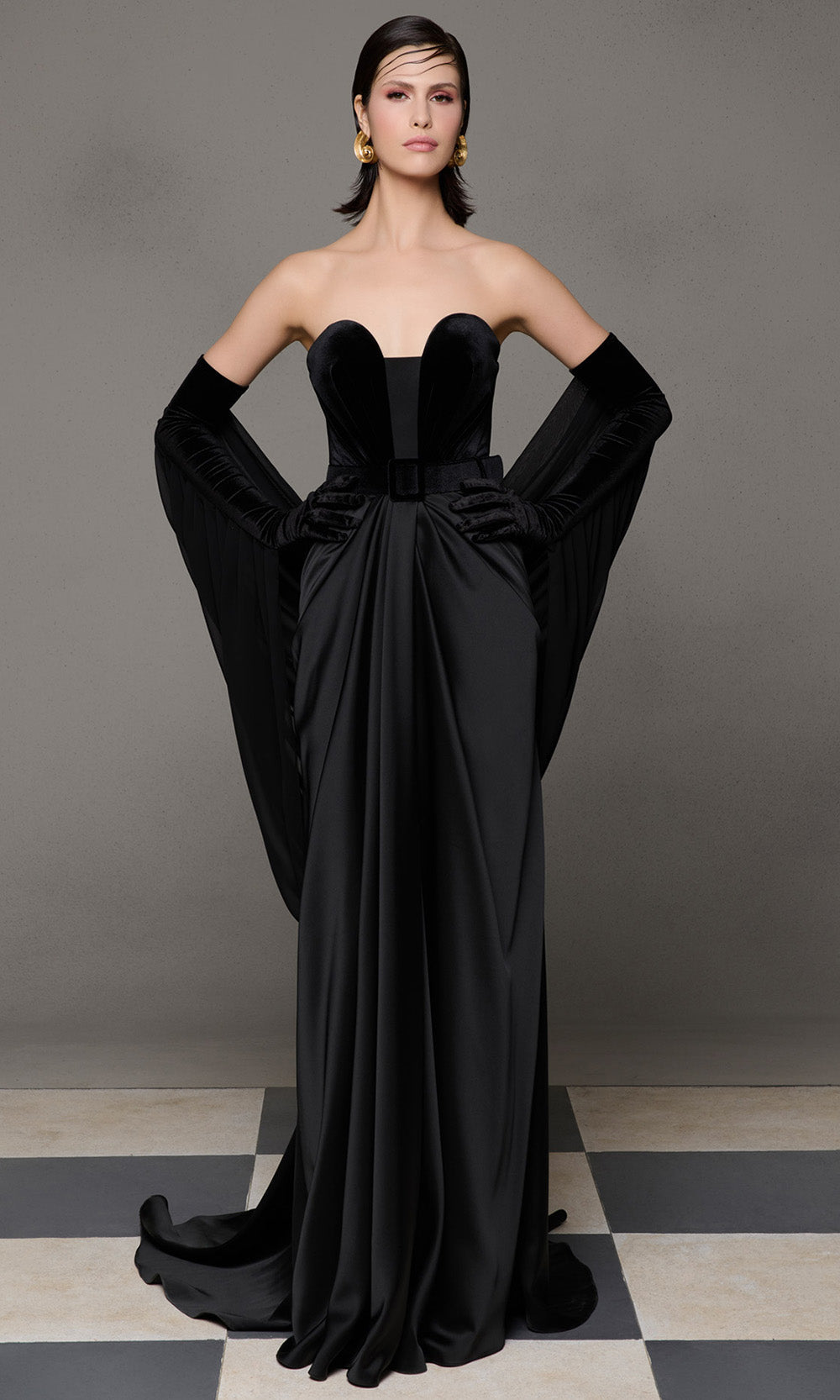 MNM Couture N0634 - Long Sheath Dress - Strapless, Belted Waist, Draped Skirt, Gloves With Cape Effect, Sweep Train ADASA MNM Couture N0634 - Long Sheath Dress - Strapless, Belted Waist, Draped Skirt, Gloves With Cape Effect, Sweep Train ADASA