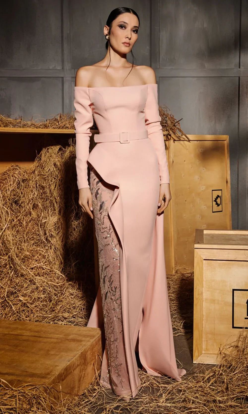 MNM Couture N0660 - Long Sleeve Belted Waist Evening Gown Mother of the Bride Dresses