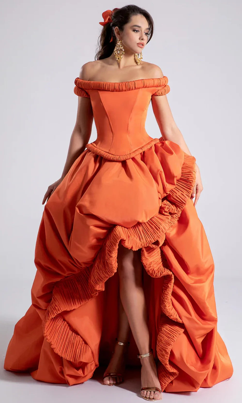 MNM Couture F02913 - Off Shoulder Corset Draped Gown Ball Gowns