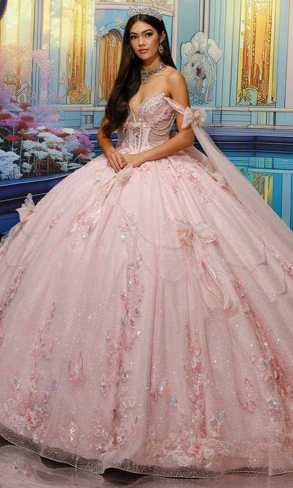 Princesa by Ariana Vara PR30225 - Long Cracked Ice, Lace Applique, Sequin, Stone Accents, Beading, Three Dimensional Flowers, Butterflies, Glitter Tulle & Crinoline Ballgown Dress - Detachable Back Bow, Detachable Long Off-Shoulder Princesa by Ariana Vara PR30225 - Long Cracked Ice, Lace Applique, Sequin, Stone Accents, Beading, Three Dimensional Flowers, Butterflies, Glitter Tulle & Crinoline Ballgown Dress - Detachable Back Bow, Detachable Long Off-Shoulder