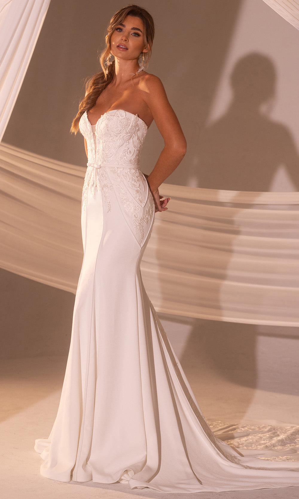 Sweetheart Floor-Length Crepe Mermaid Bridal Gown with Lace Appliqus Rachel Allan RB2221 - Ivory Nude / 6 Sweetheart Floor-Length Crepe Mermaid Bridal Gown with Lace Appliqus Rachel Allan RB2221 - Ivory Nude / 6