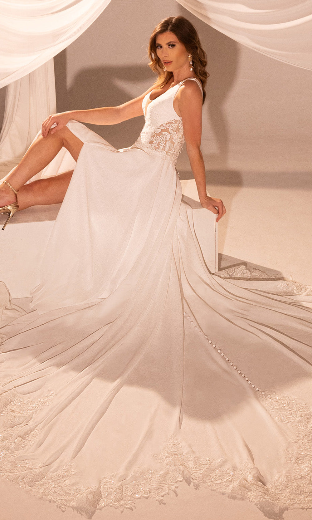 Rachel Allan RB3225 - Plunging Neck Lace Appliqued Gown Wedding Dresses