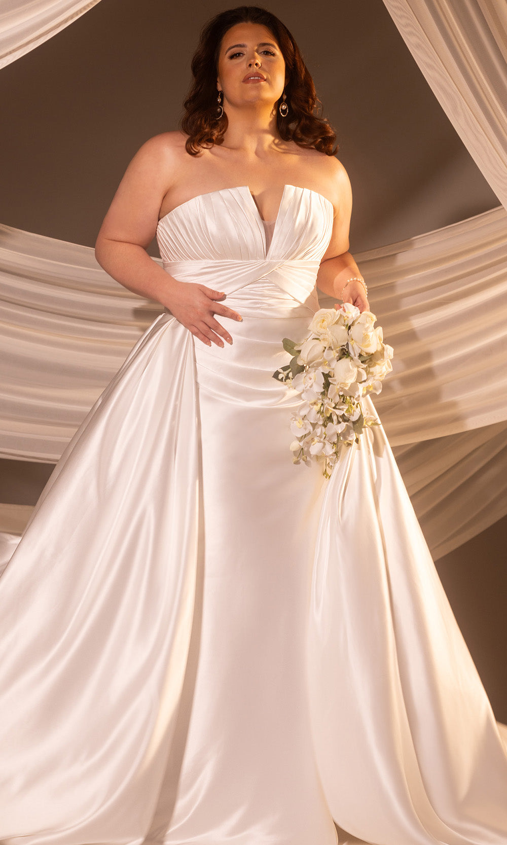Rachel Allan Bridal RB3226 - Long Satin Sheath/A-Line Dress - Strapless, Ruched Bodice, Wide Waistband, Overskirt, Covered Buttons, Sweep Train 6 / Rachel Allan Bridal RB3226 - Long Satin Sheath/A-Line Dress - Strapless, Ruched Bodice, Wide Waistband, Overskirt, Covered Buttons, Sweep Train 6 /
