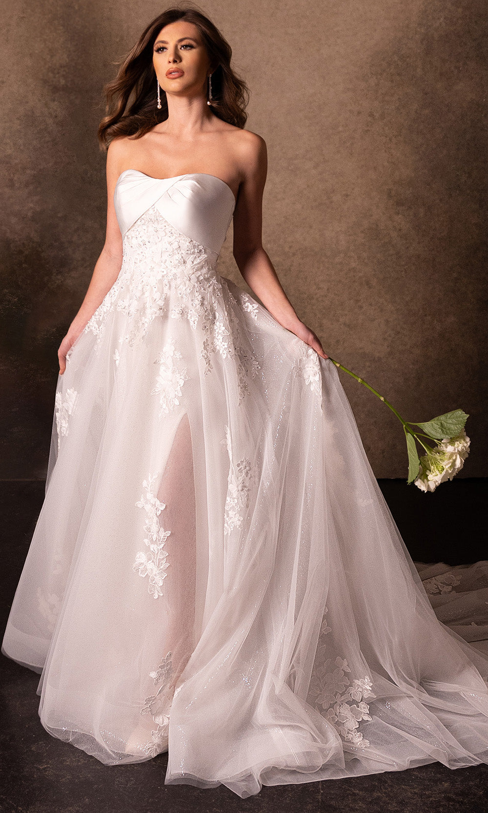 Rachel Allan Bridal RB3229 - Long Tulle, Glitter Tulle, Satin A-line Dress - Strapless, Beaded, Floral Embroidery, Front Slit, Chapel Train, Covered Rachel Allan Bridal RB3229 - Long Tulle, Glitter Tulle, Satin A-line Dress - Strapless, Beaded, Floral Embroidery, Front Slit, Chapel Train, Covered