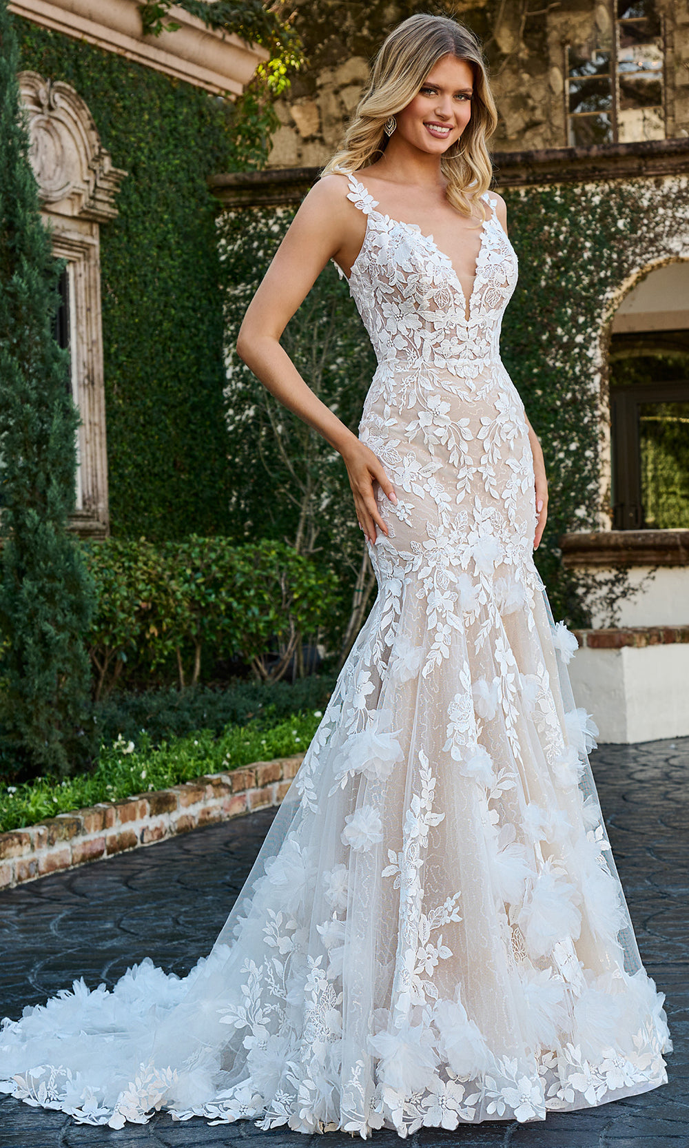 floral applique open back tulle wedding dress FLORAL APPLIQUE ADORNED STRAPLESS WEDDING GOWN BY ANDREA & LEO WL017 OFF WHITE-NUDE / 8