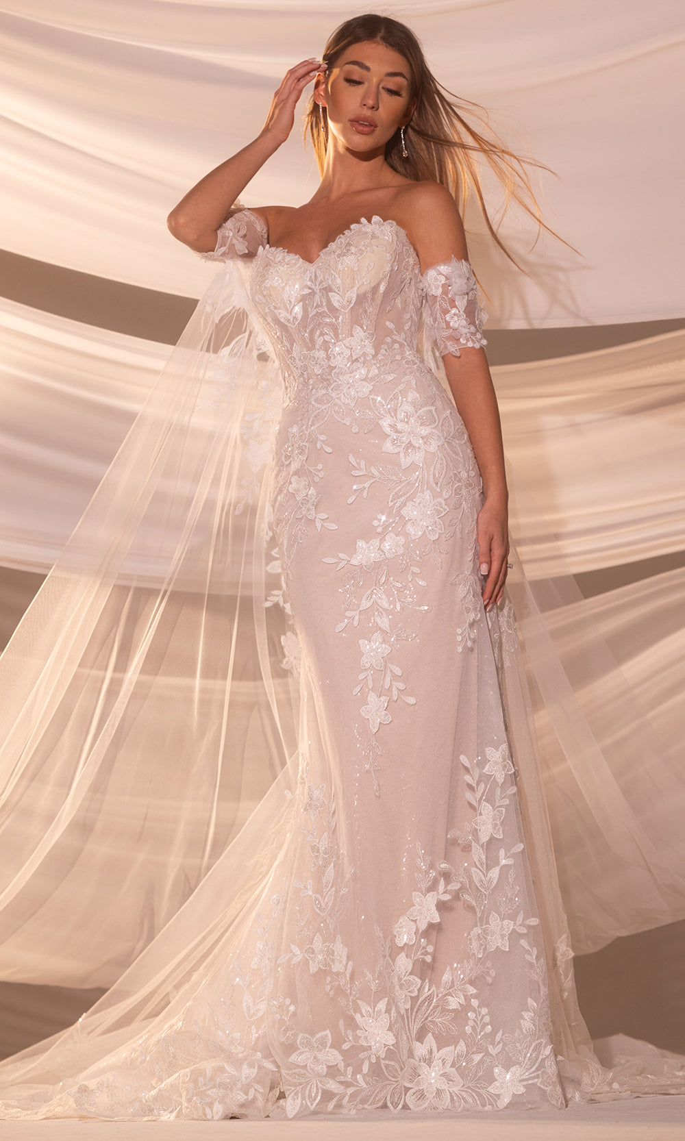 Rachel Allan Bridal RB5101 - Long Glitter Tulle Mermaid Dress - Strapless, Floral Embroidery, Beading, Chapel Train, Detachable Cape, Detachable Rachel Allan Bridal RB5101 - Long Glitter Tulle Mermaid Dress - Strapless, Floral Embroidery, Beading, Chapel Train, Detachable Cape, Detachable