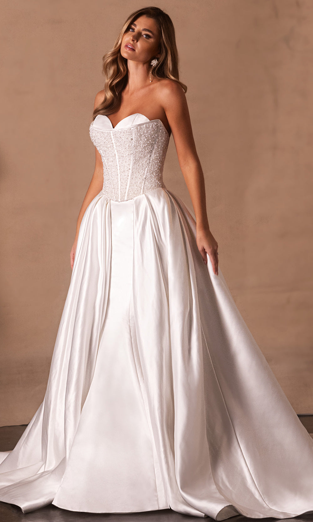 Rachel Allan Bridal RB5104 - Long Satin Mermaid/A-Line Dress - Strapless, Corset Bodice, Beaded Detail, Detachable Pleated Overskirt, Sweep Train, Rachel Allan Bridal RB5104 - Long Satin Mermaid/A-Line Dress - Strapless, Corset Bodice, Beaded Detail, Detachable Pleated Overskirt, Sweep Train,