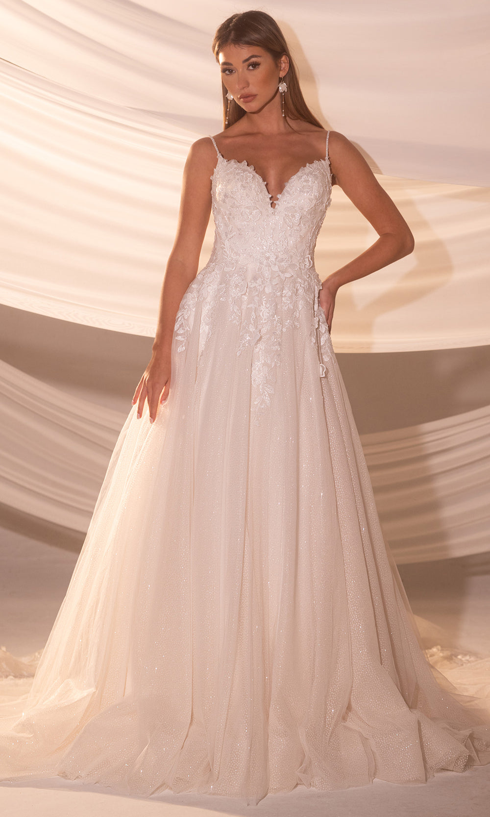 Rachel Allan Bridal RB5107 - Long Tulle, Glitter Tulle A-line Dress - Spaghetti Straps, 3D Flower Applique, Embroidery, Beaded, Sweep Train 6 / Ivory Rachel Allan Bridal RB5107 - Long Tulle, Glitter Tulle A-line Dress - Spaghetti Straps, 3D Flower Applique, Embroidery, Beaded, Sweep Train 6 / Ivory